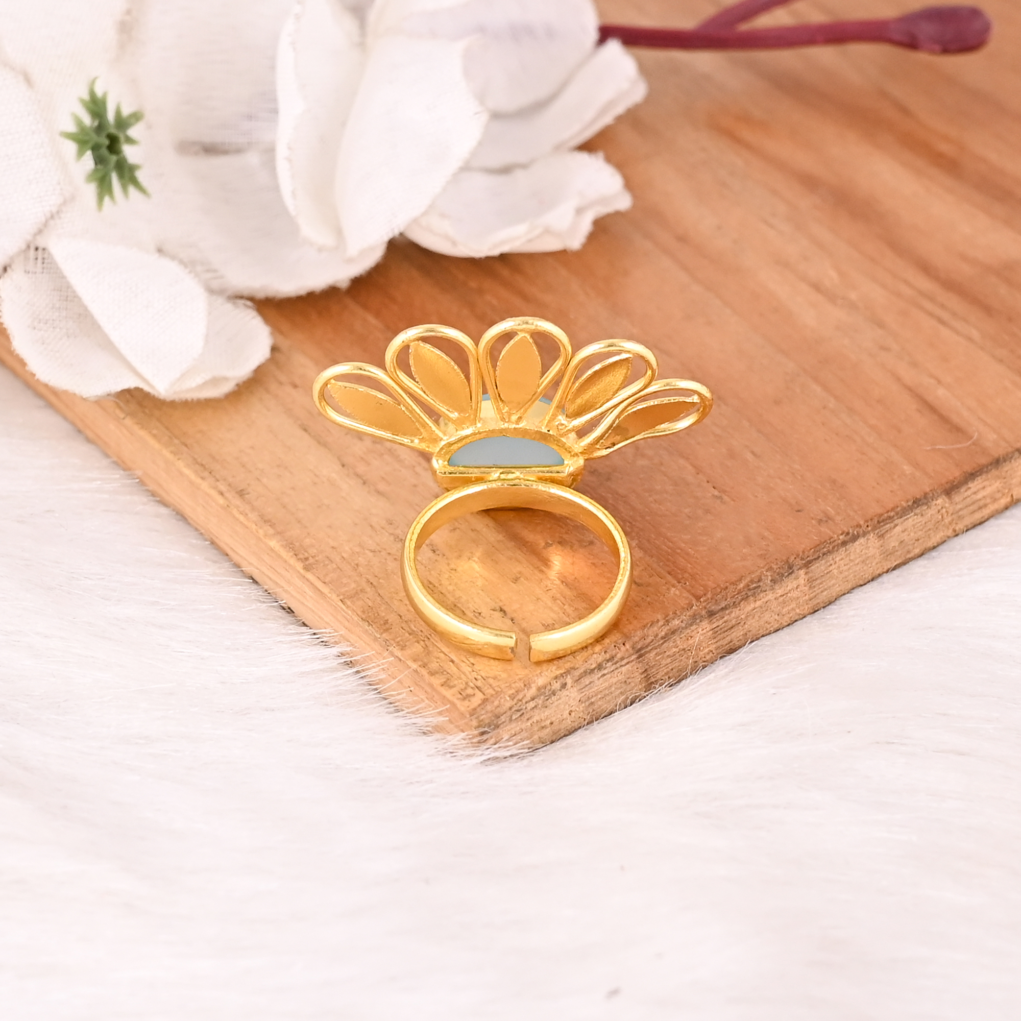 Trendy Aqua Chalcedony Brass Ring for Women Gold Plated Gemstone Wedding Engagement Fashion Jewelry