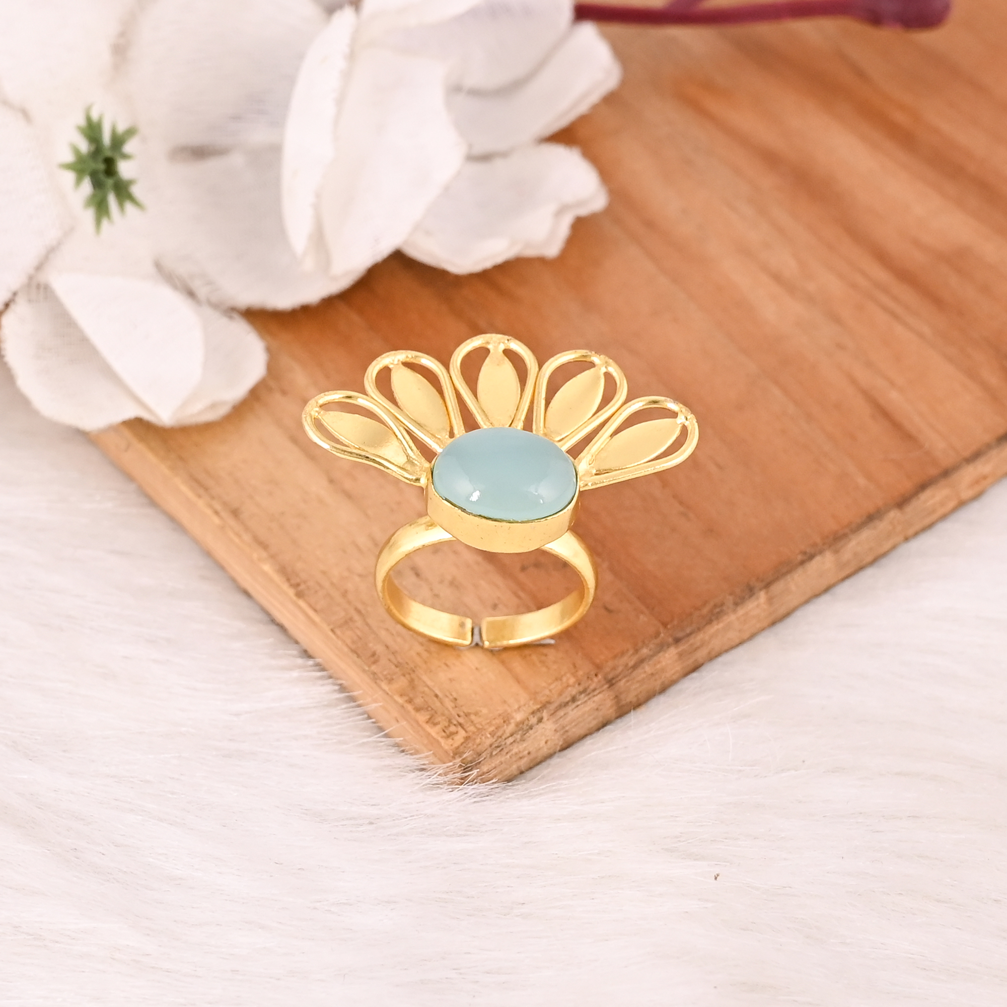 Trendy Aqua Chalcedony Brass Ring for Women Gold Plated Gemstone Wedding Engagement Fashion Jewelry