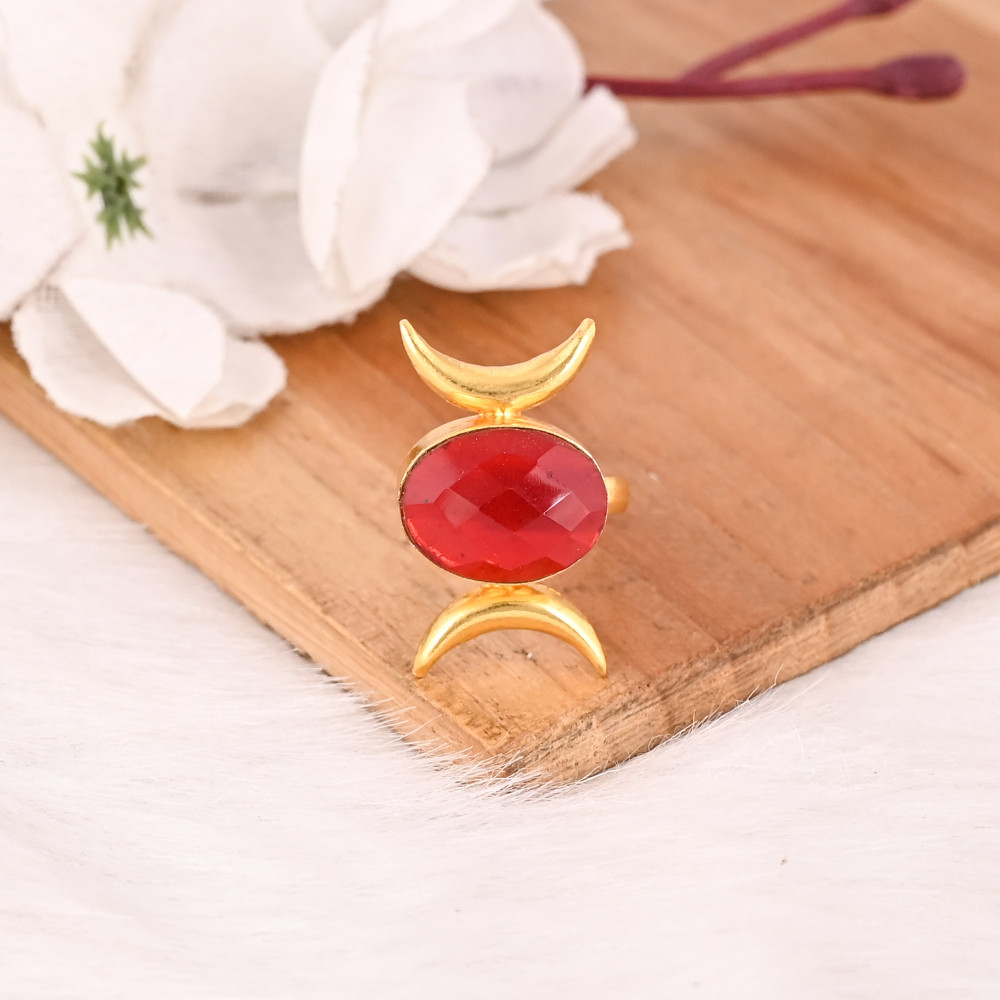 Image of Red Hydro Gemstone Ring Gold Plated Brass Handmade Adjustable Fashion Ring for Women