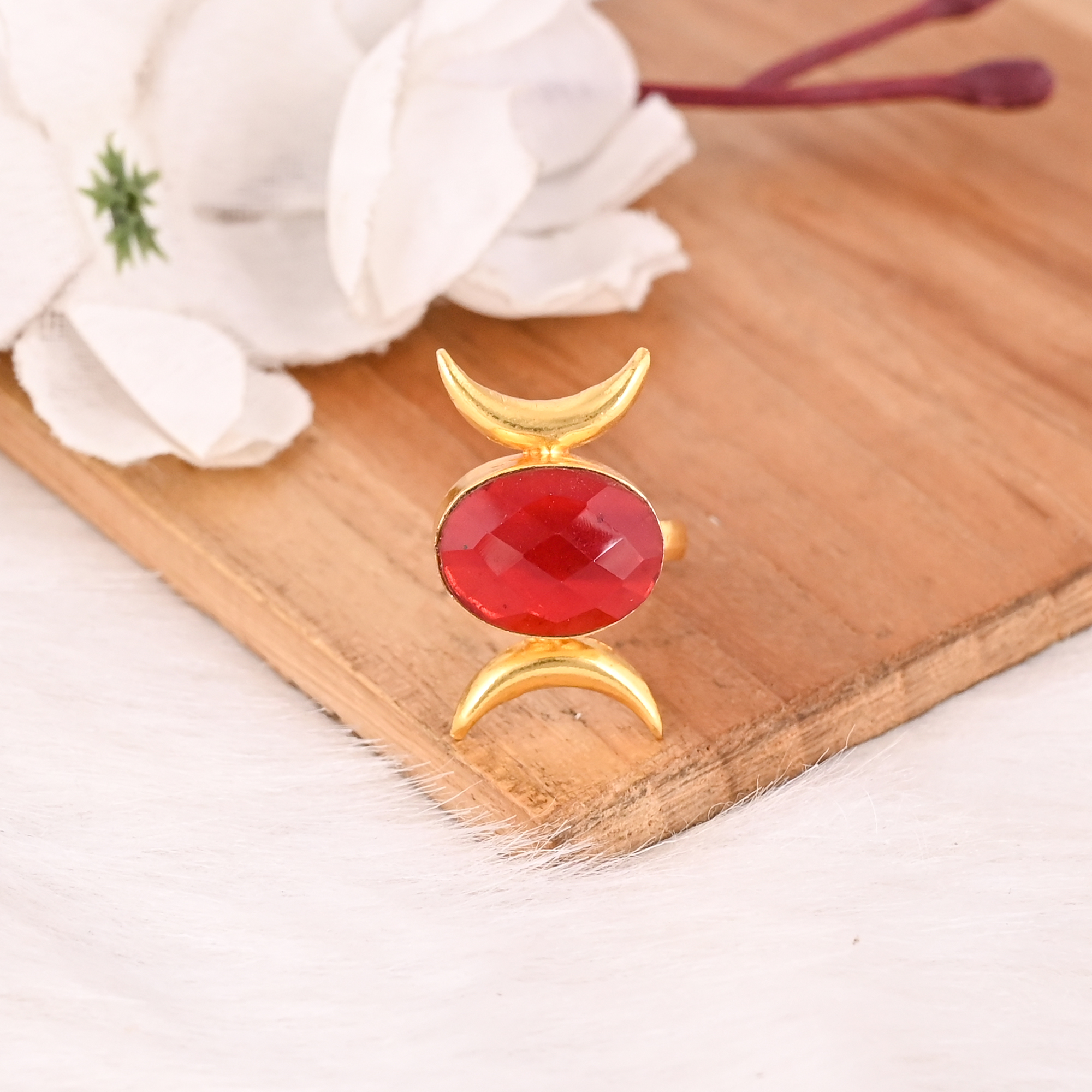 Red Hydro Gemstone Ring Gold Plated Brass Handmade Adjustable Fashion Ring for Women