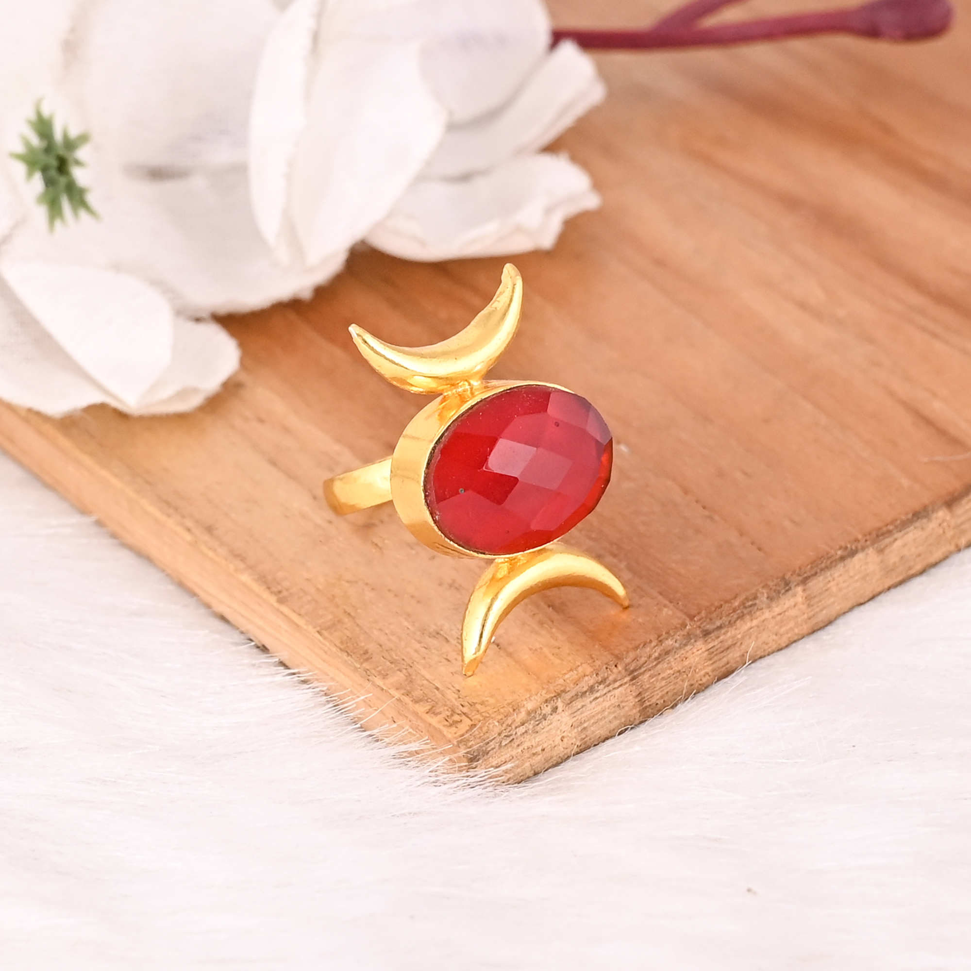 Red Hydro Gemstone Ring Gold Plated Brass Handmade Adjustable Fashion Ring for Women