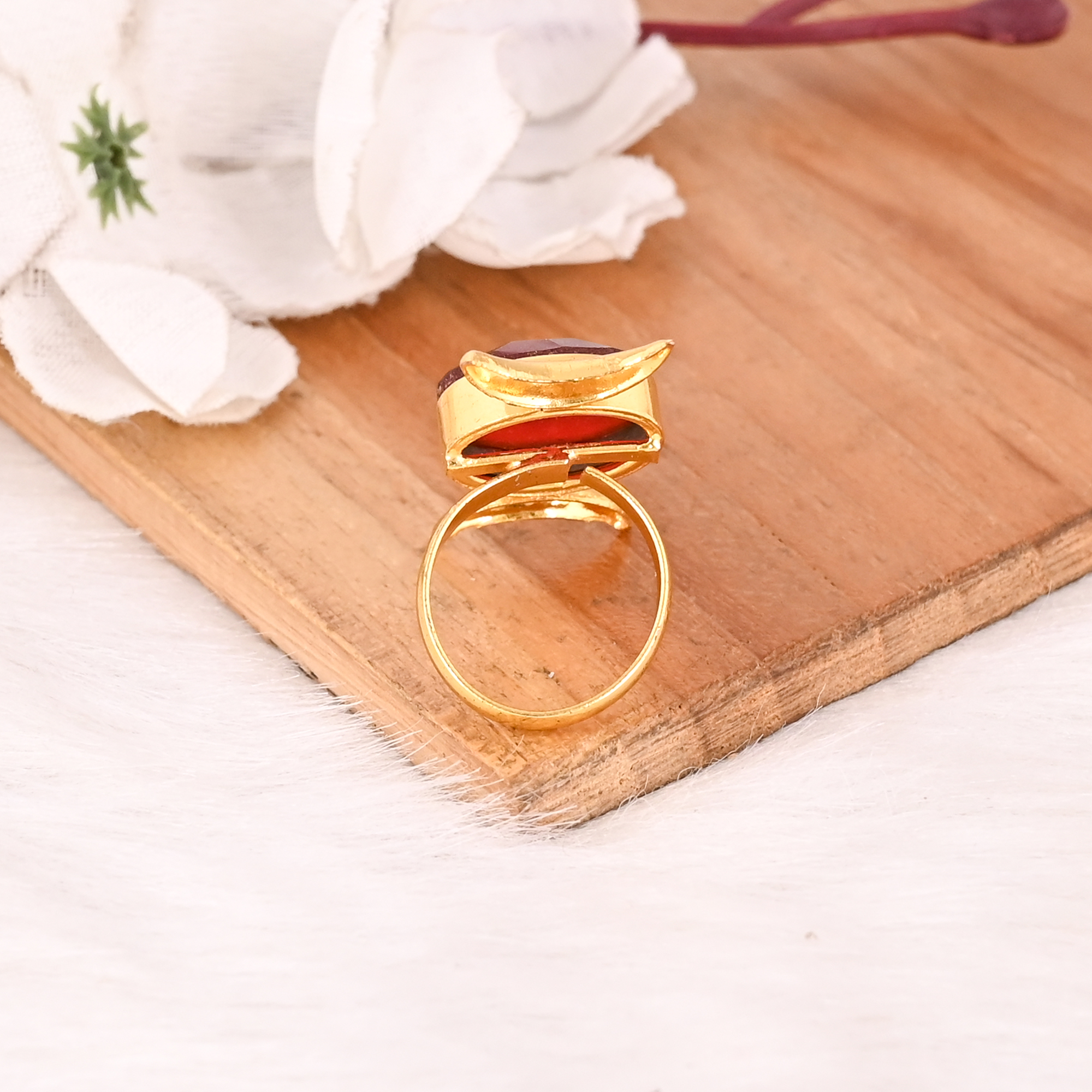 Red Hydro Gemstone Ring Gold Plated Brass Handmade Adjustable Fashion Ring for Women