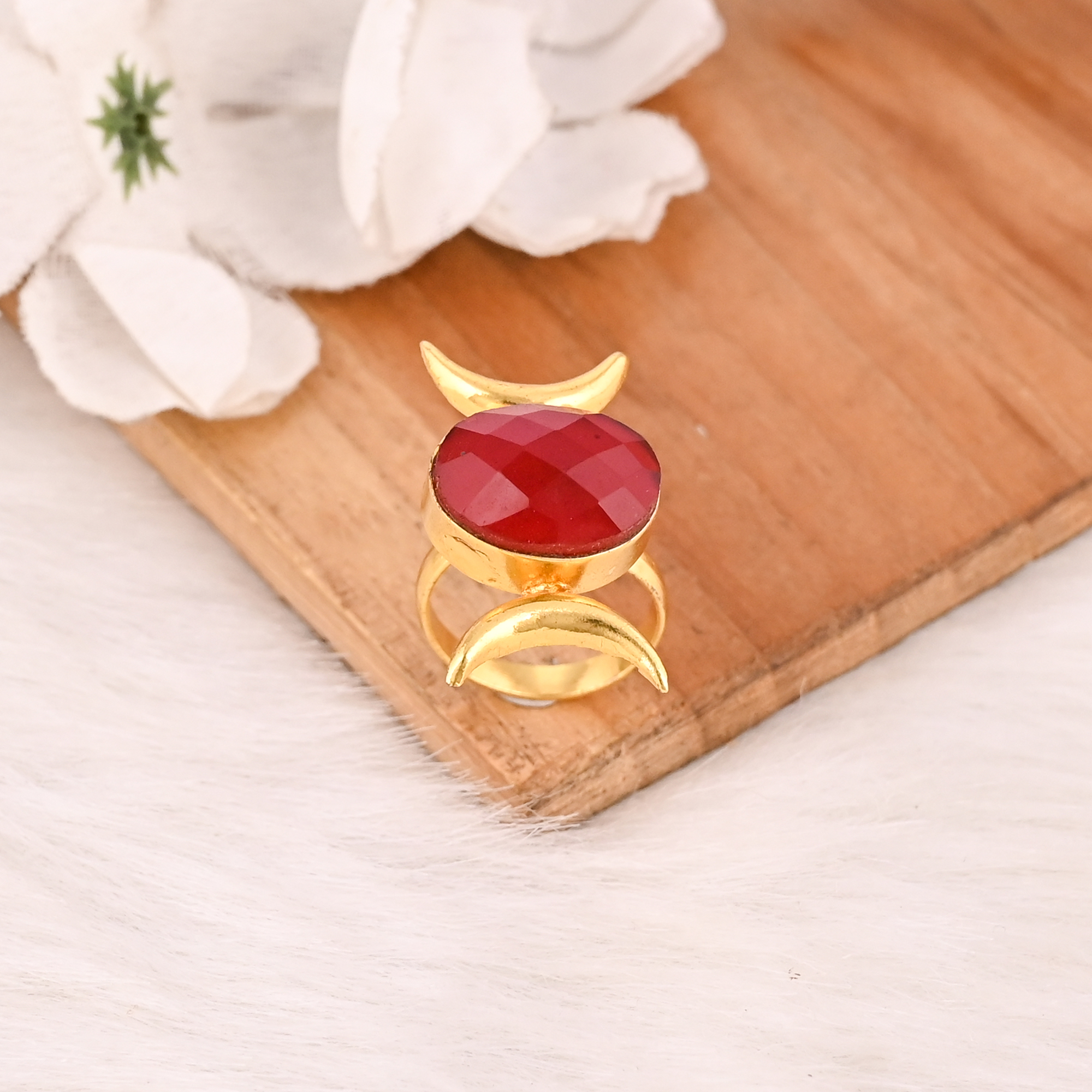 Red Hydro Gemstone Ring Gold Plated Brass Handmade Adjustable Fashion Ring for Women