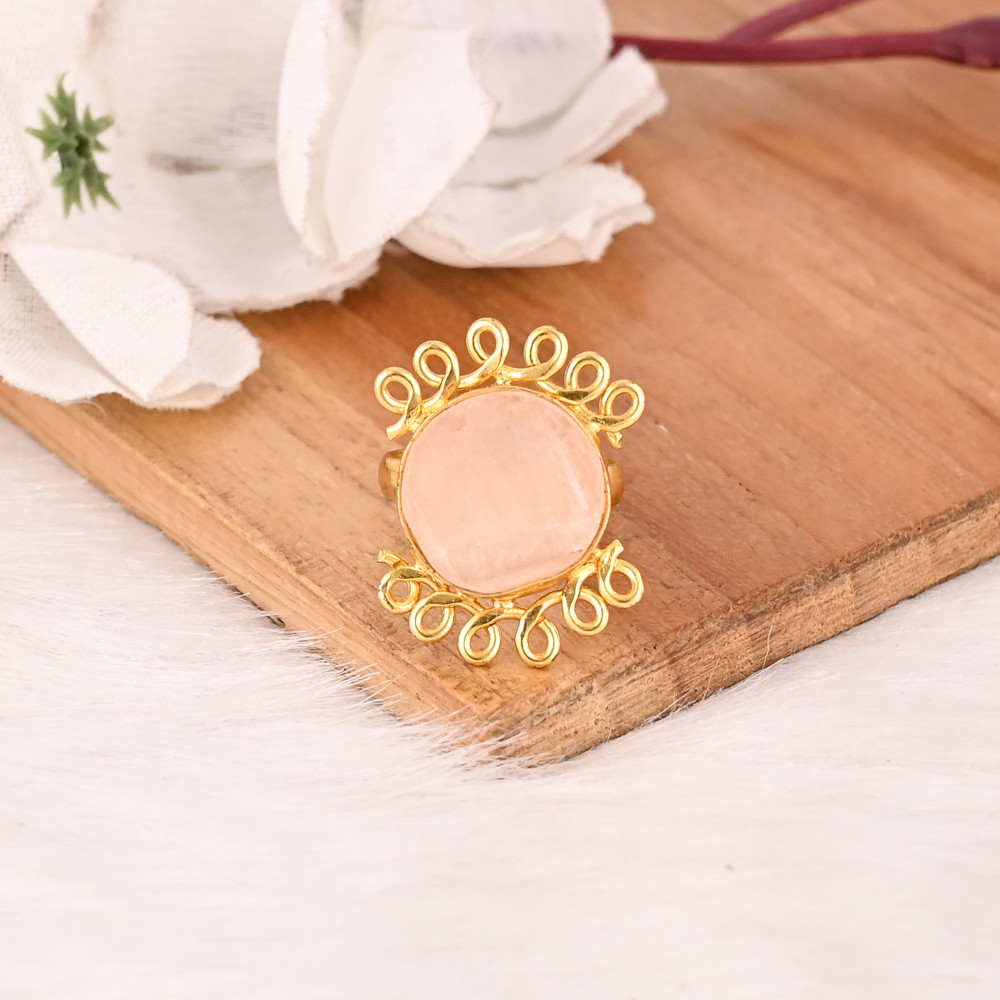 Image of Trendy Rose Quartz Raw Gemstone Brass Ring for Women Gold Plated Adjustable Fashion Jewelry