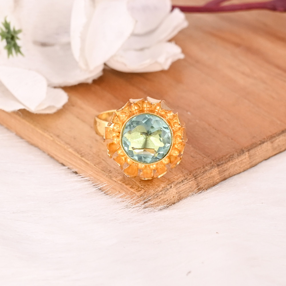 Image of Blue Topaz Hydro Gemstone Brass Ring for Women Gold Plated Adjustable Trendy Jewelry