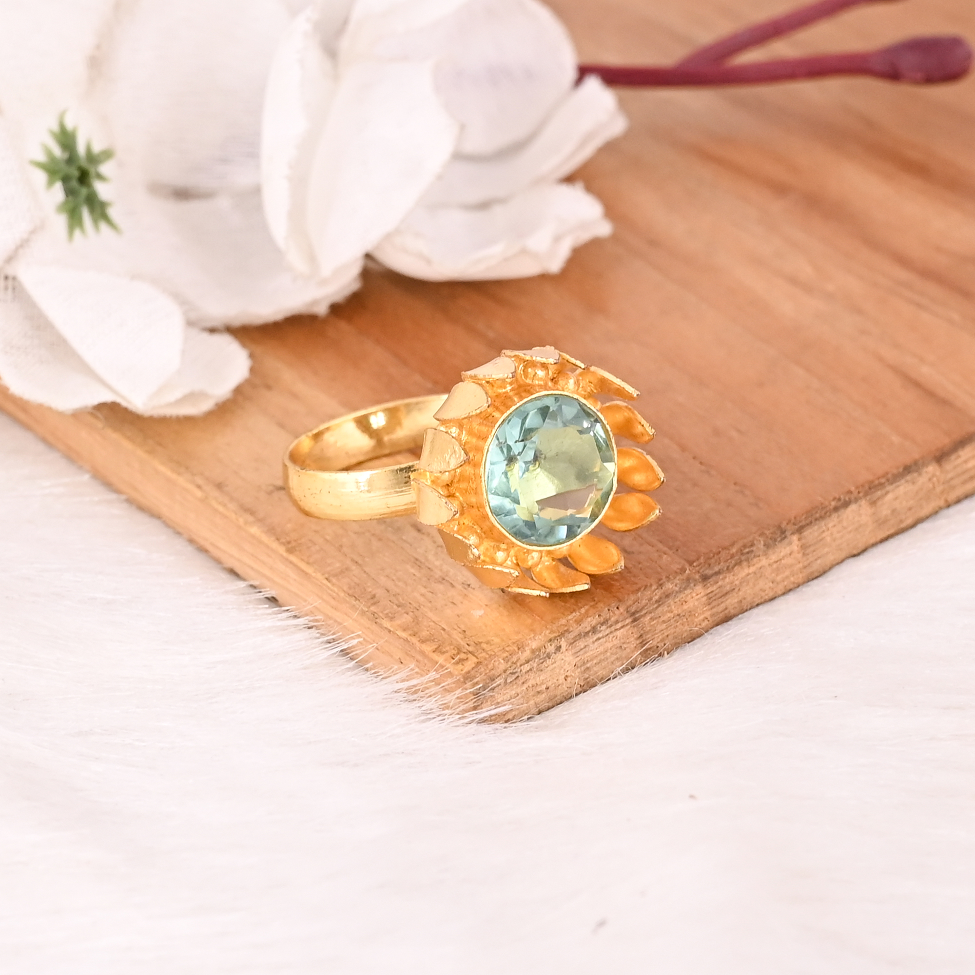 Blue Topaz Hydro Gemstone Brass Ring for Women Gold Plated Adjustable Trendy Jewelry