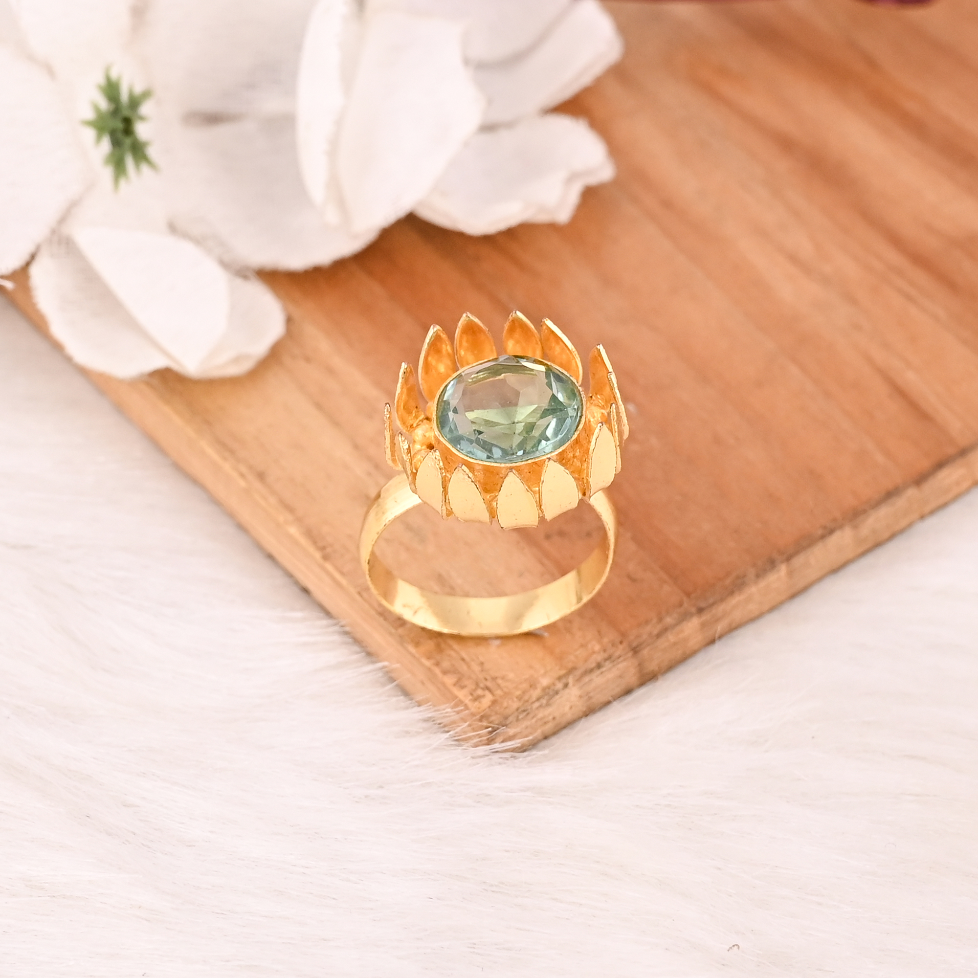 Blue Topaz Hydro Gemstone Brass Ring for Women Gold Plated Adjustable Trendy Jewelry