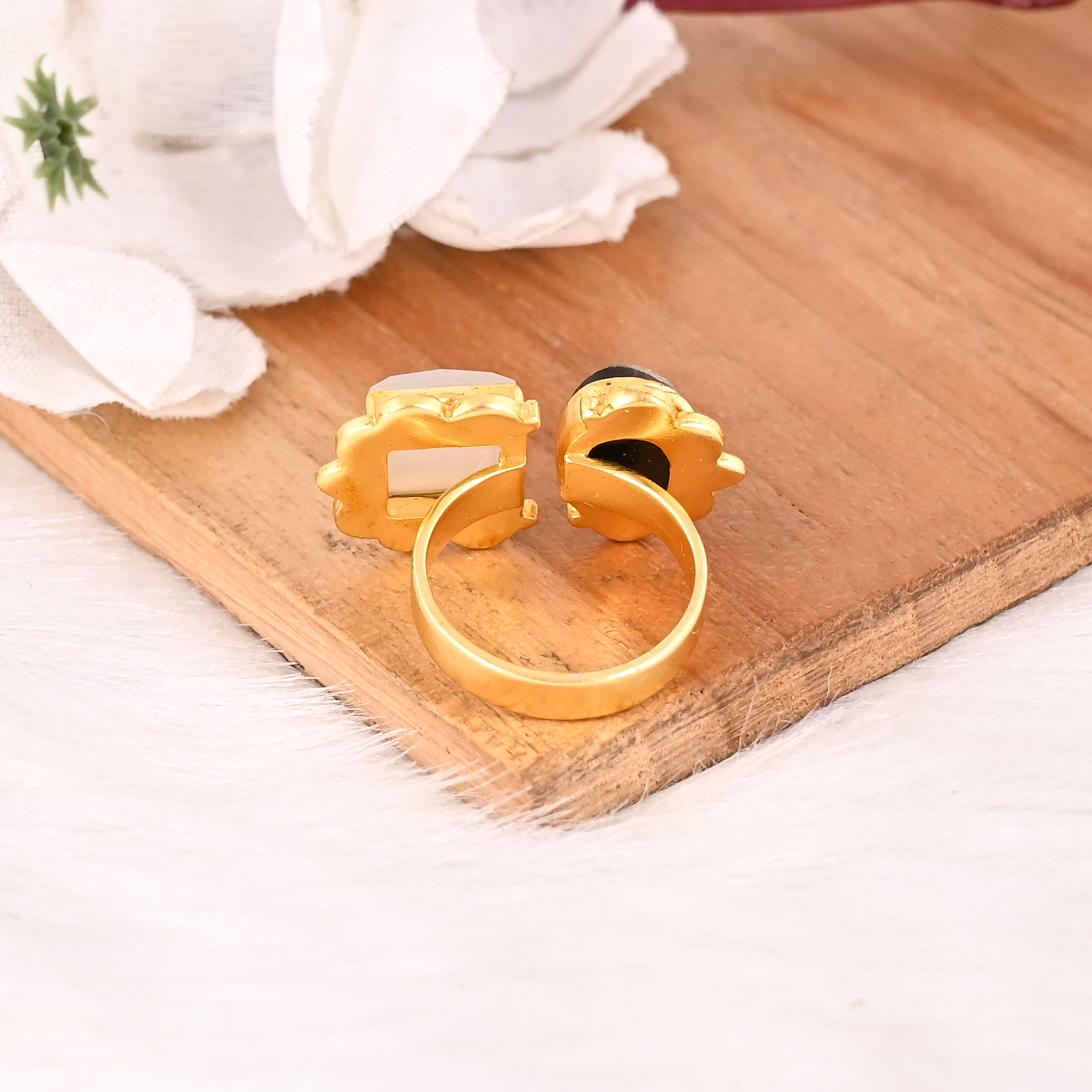 Natural White Moonstone  Mix Druzy Two Gemstone Gold Plated Brass Ring Handmade Trendy Jewelry for Women