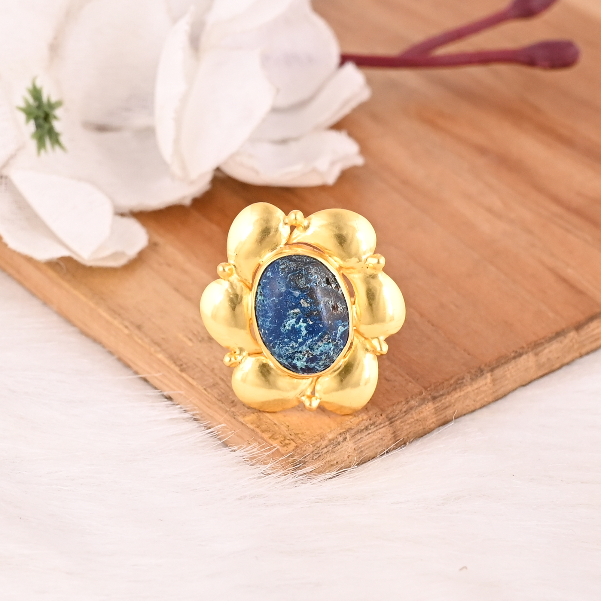 Natural Chrysocolla Gemstone Floral Ring Handmade Stylish Jewelry for Women