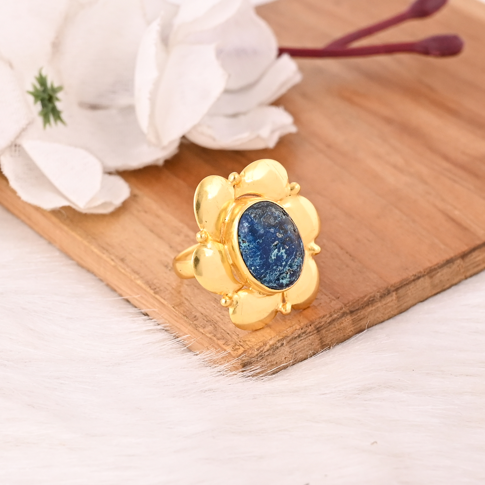 Natural Chrysocolla Gemstone Floral Ring Handmade Stylish Jewelry for Women