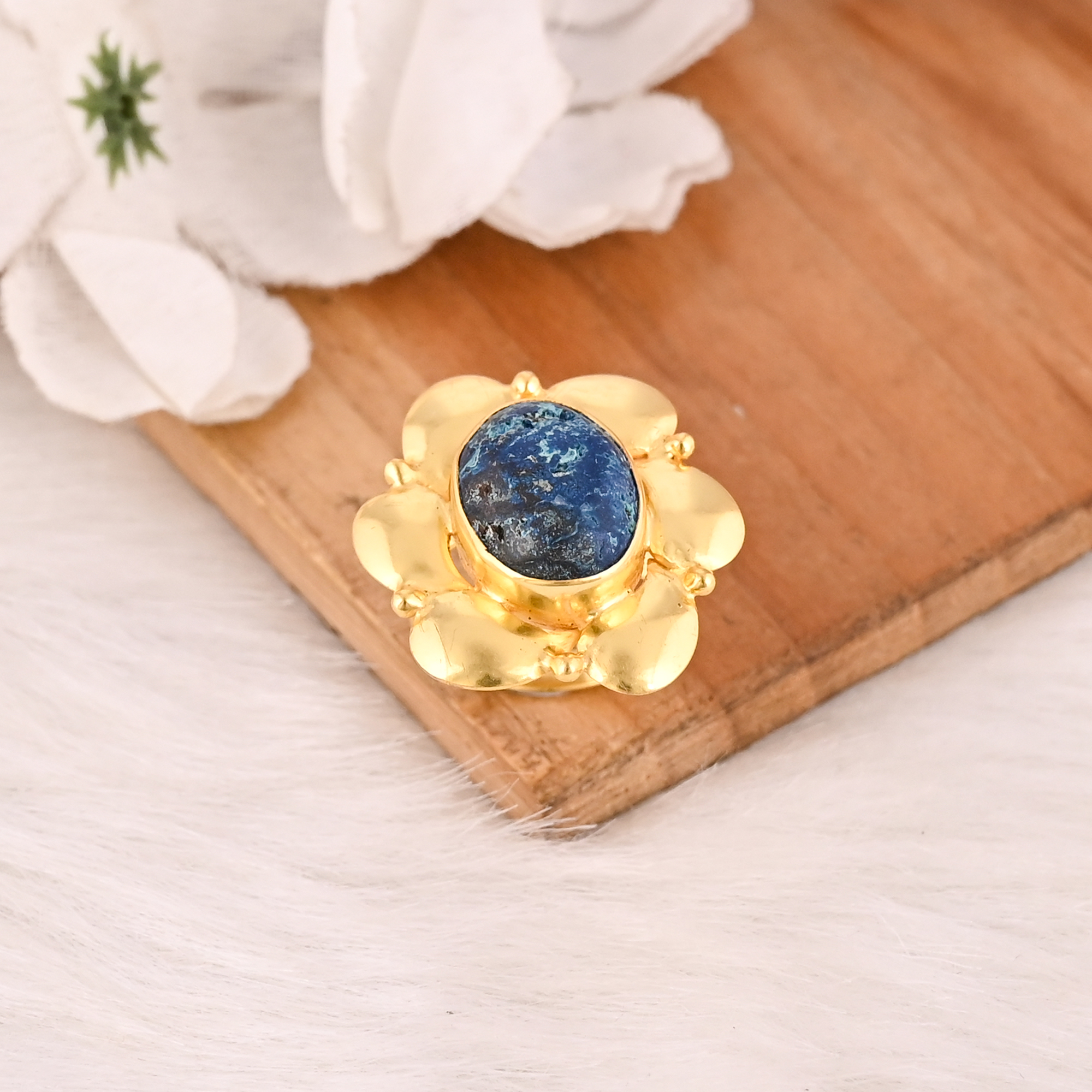 Natural Chrysocolla Gemstone Floral Ring Handmade Stylish Jewelry for Women