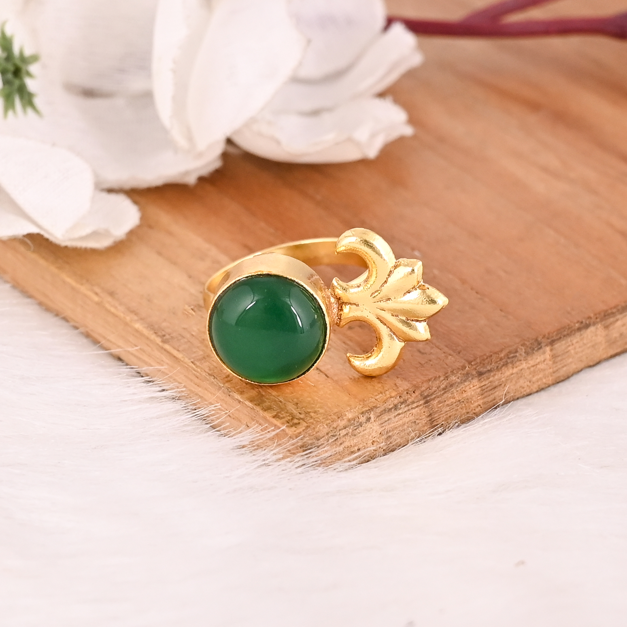 Stylish Adjustable Green Onyx Brass Ring Handmade Gemstone Jewelry for Women