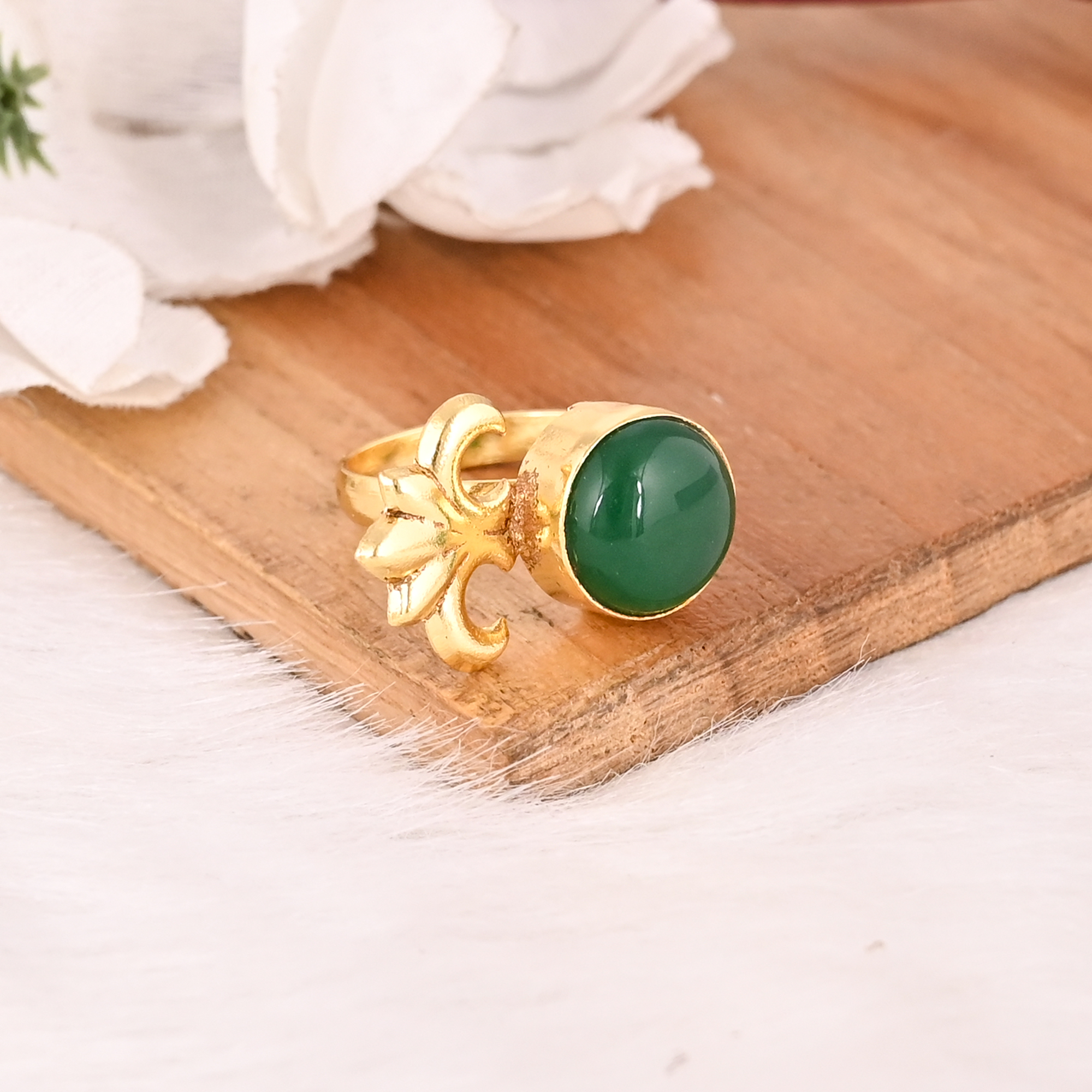 Stylish Adjustable Green Onyx Brass Ring Handmade Gemstone Jewelry for Women