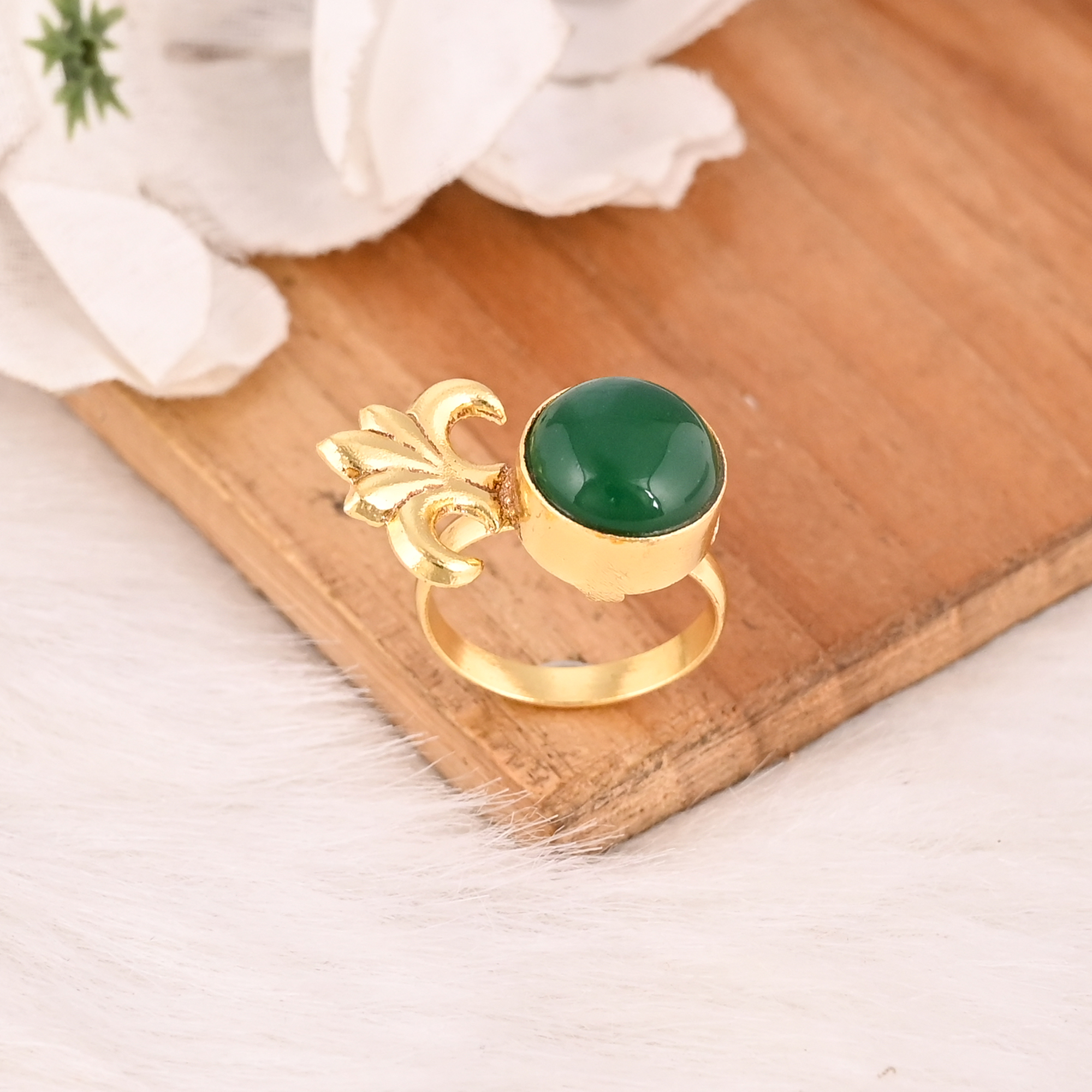 Stylish Adjustable Green Onyx Brass Ring Handmade Gemstone Jewelry for Women