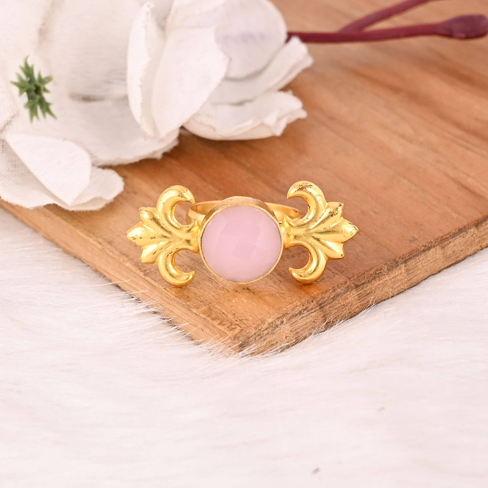 Handmade Rose Chalcedony Gemstone Brass Ring Stylish Brass Jewelry for Women