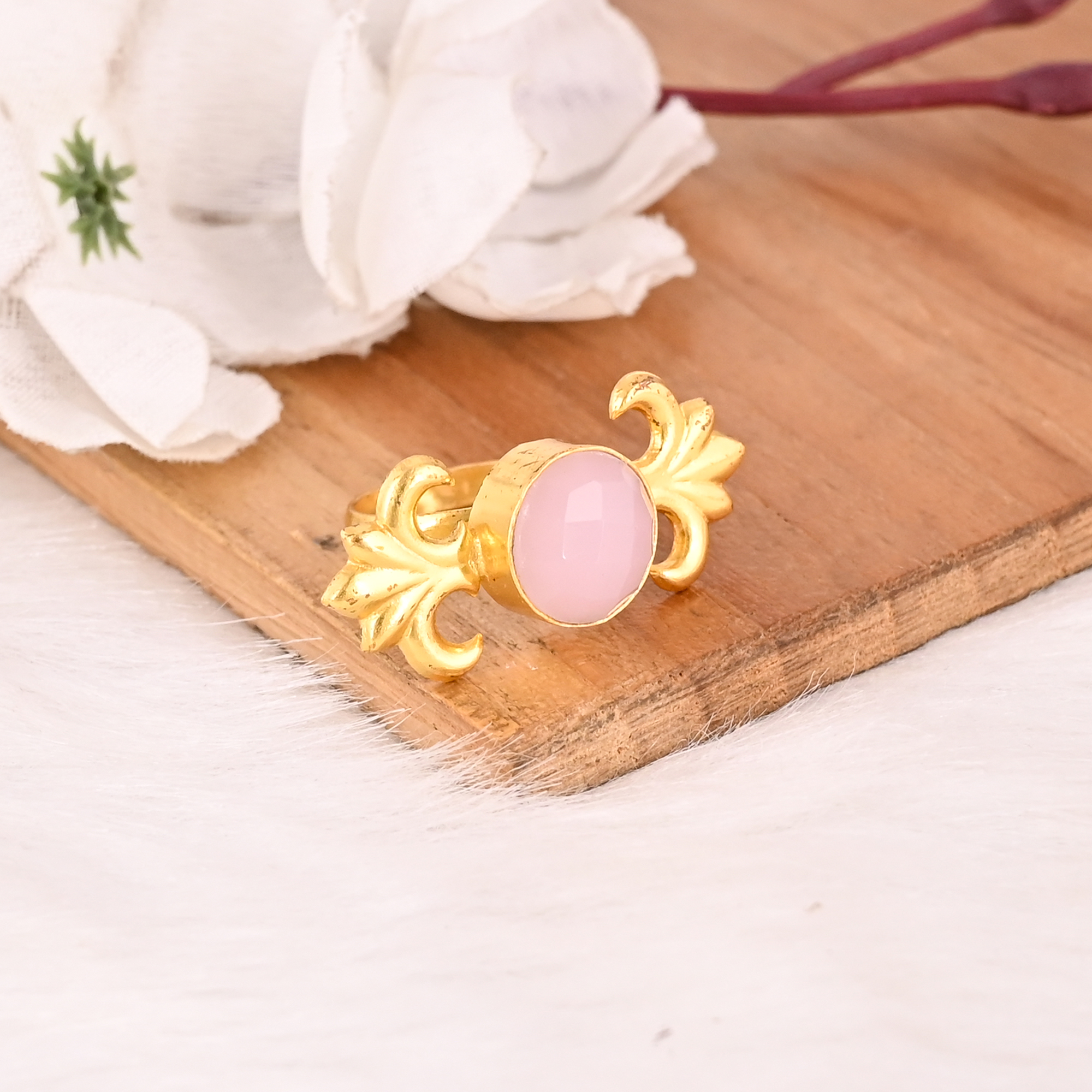 Handmade Rose Chalcedony Gemstone Brass Ring Stylish Brass Jewelry for Women