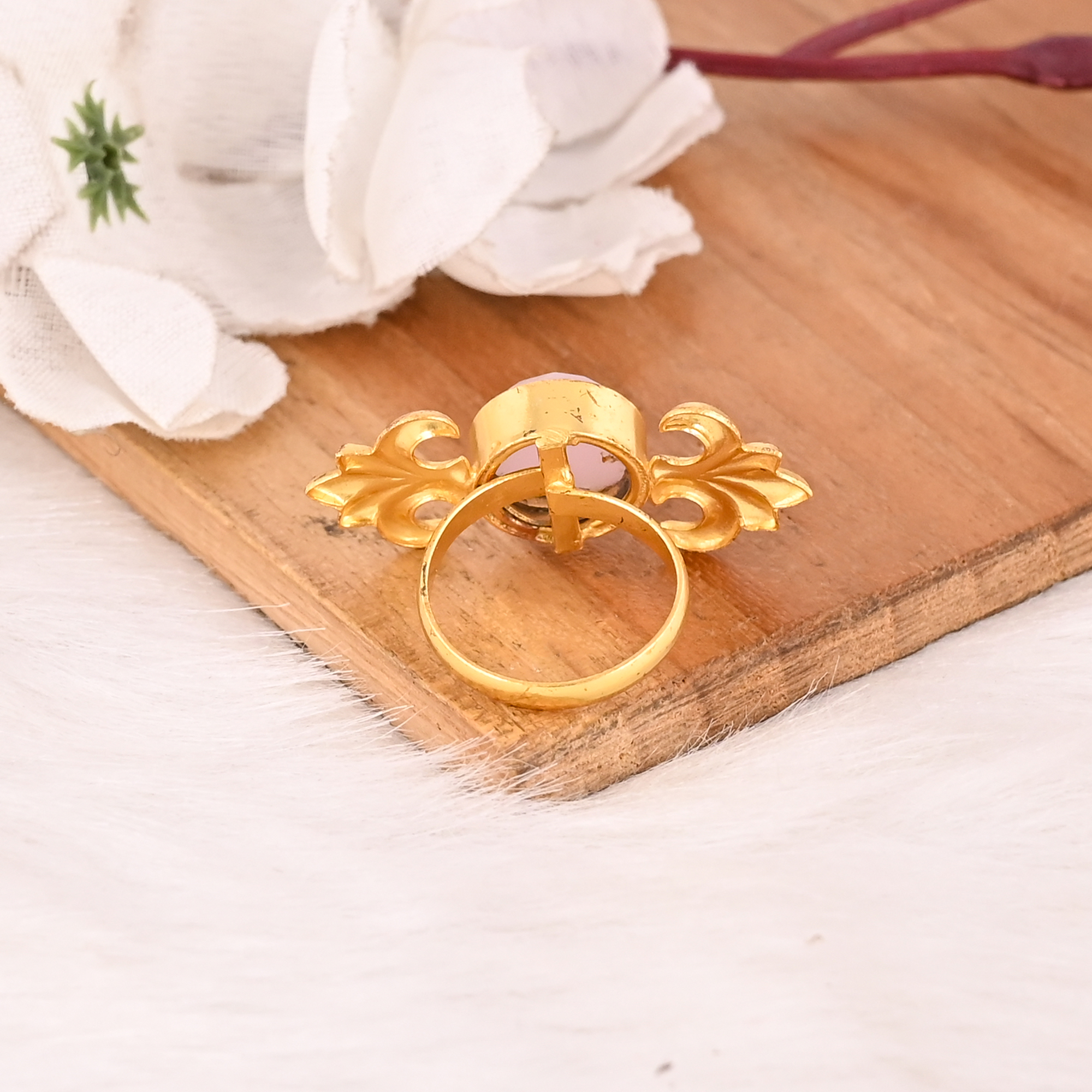 Handmade Rose Chalcedony Gemstone Brass Ring Stylish Brass Jewelry for Women