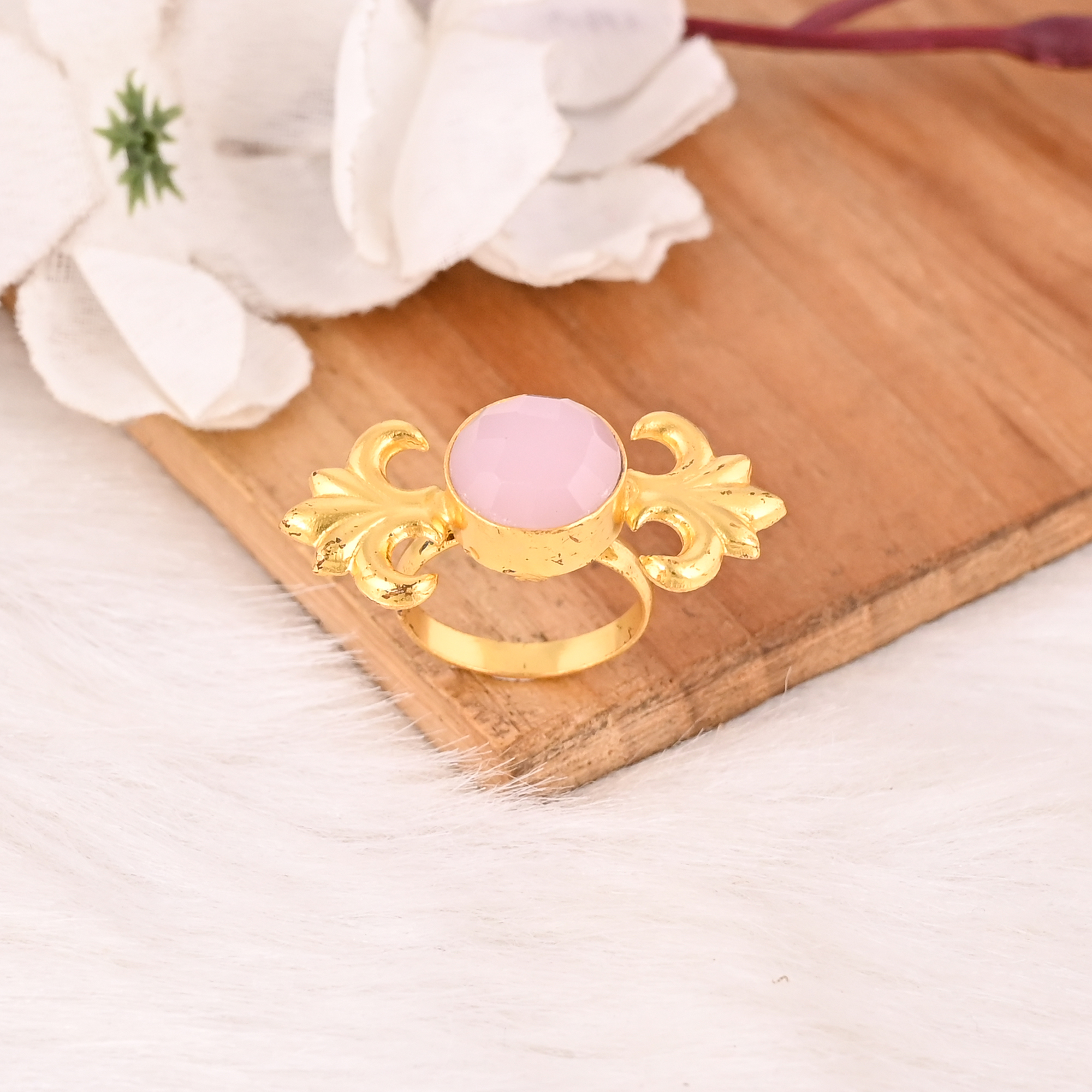 Handmade Rose Chalcedony Gemstone Brass Ring Stylish Brass Jewelry for Women