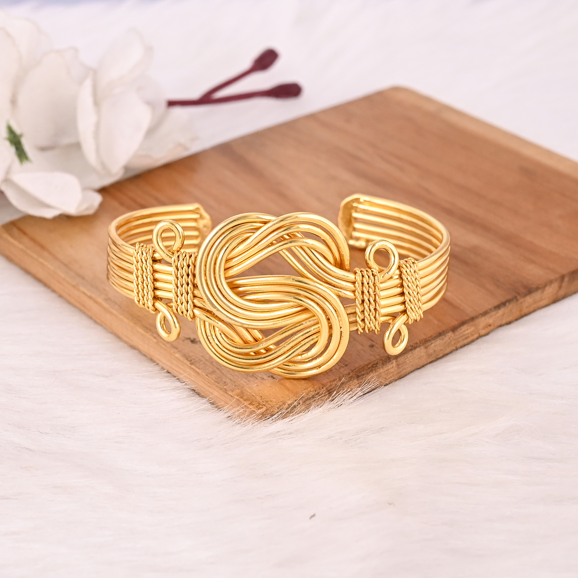 Handmade Gold Plated Brass Open Cuff Bracelet Elegant Knot Design Fashion Jewelry for Women  Girls