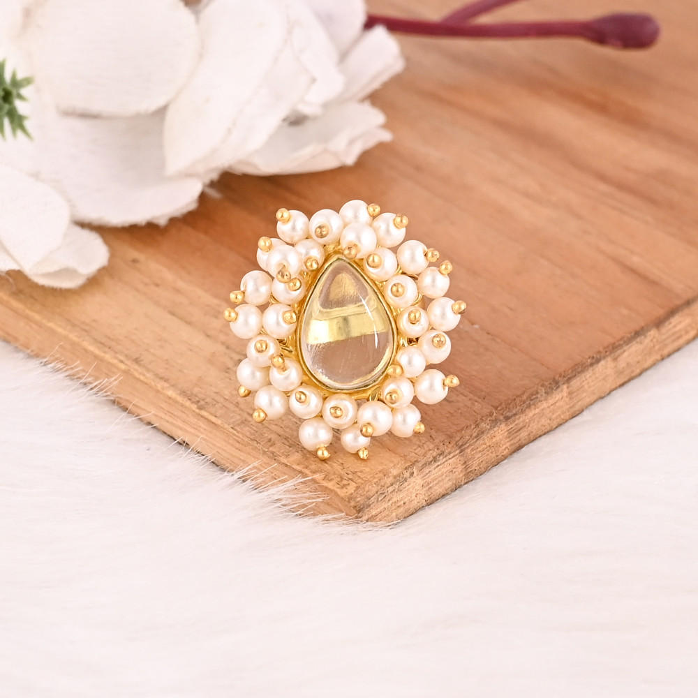 Image of Adjustable Stylish Green Amethyst Hydro &amp; Pearl Gemstone Gold Plated Brass Handmade Ring for Women