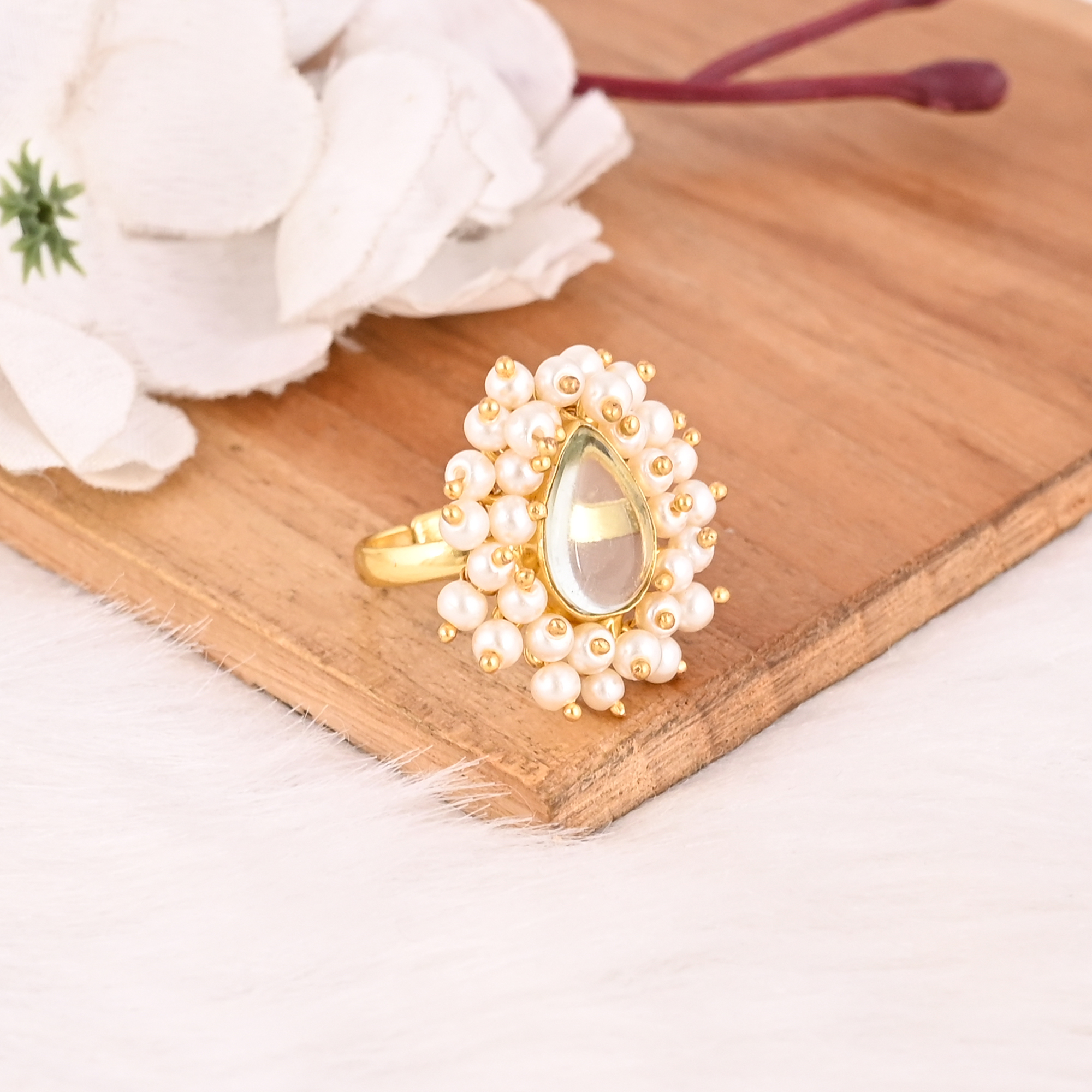 Adjustable Stylish Green Amethyst Hydro  Pearl Gemstone Gold Plated Brass Handmade Ring for Women