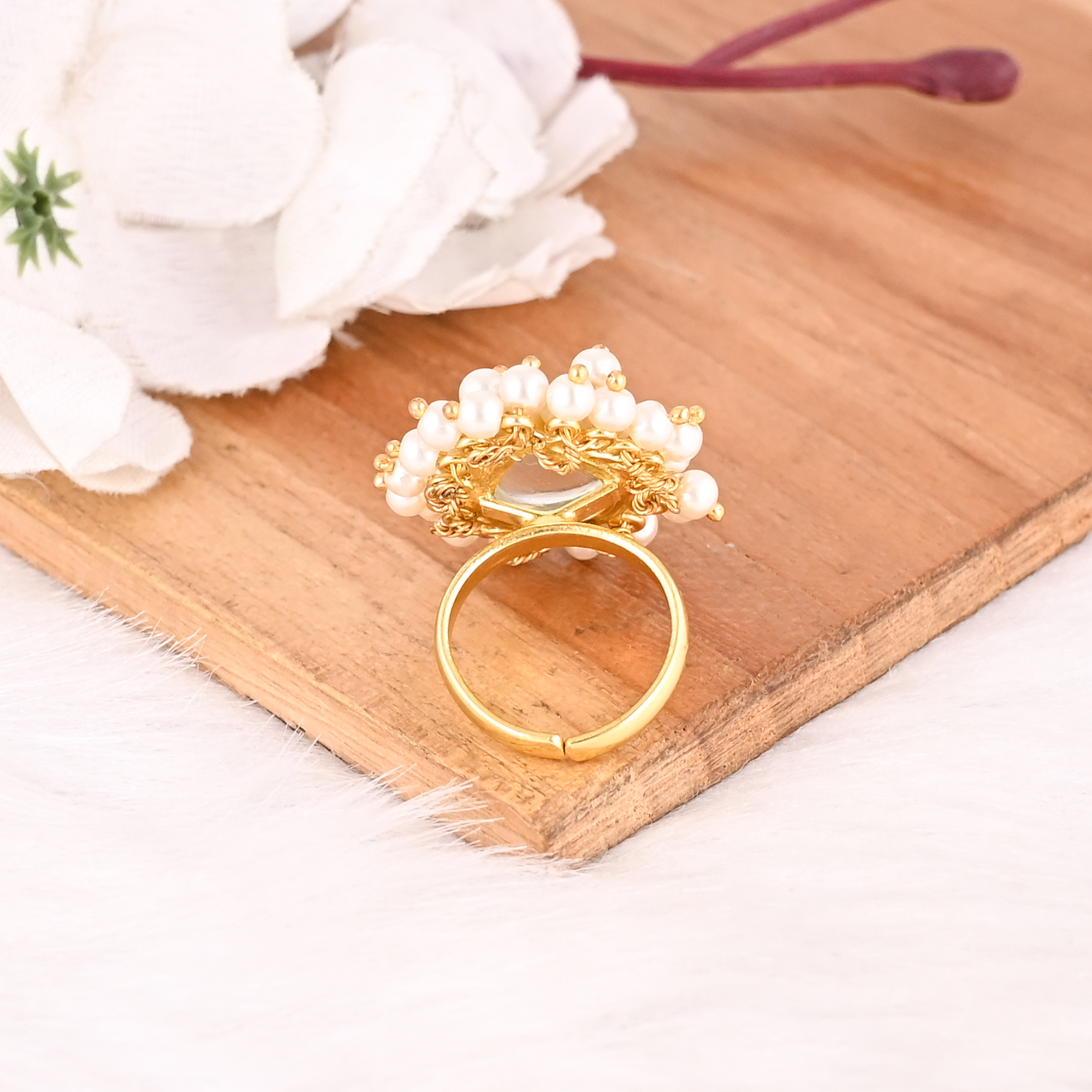 Adjustable Stylish Green Amethyst Hydro  Pearl Gemstone Gold Plated Brass Handmade Ring for Women