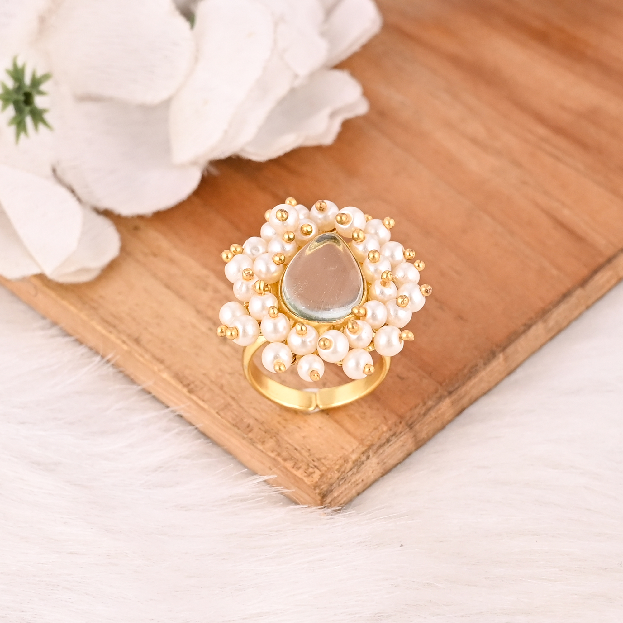 Adjustable Stylish Green Amethyst Hydro  Pearl Gemstone Gold Plated Brass Handmade Ring for Women