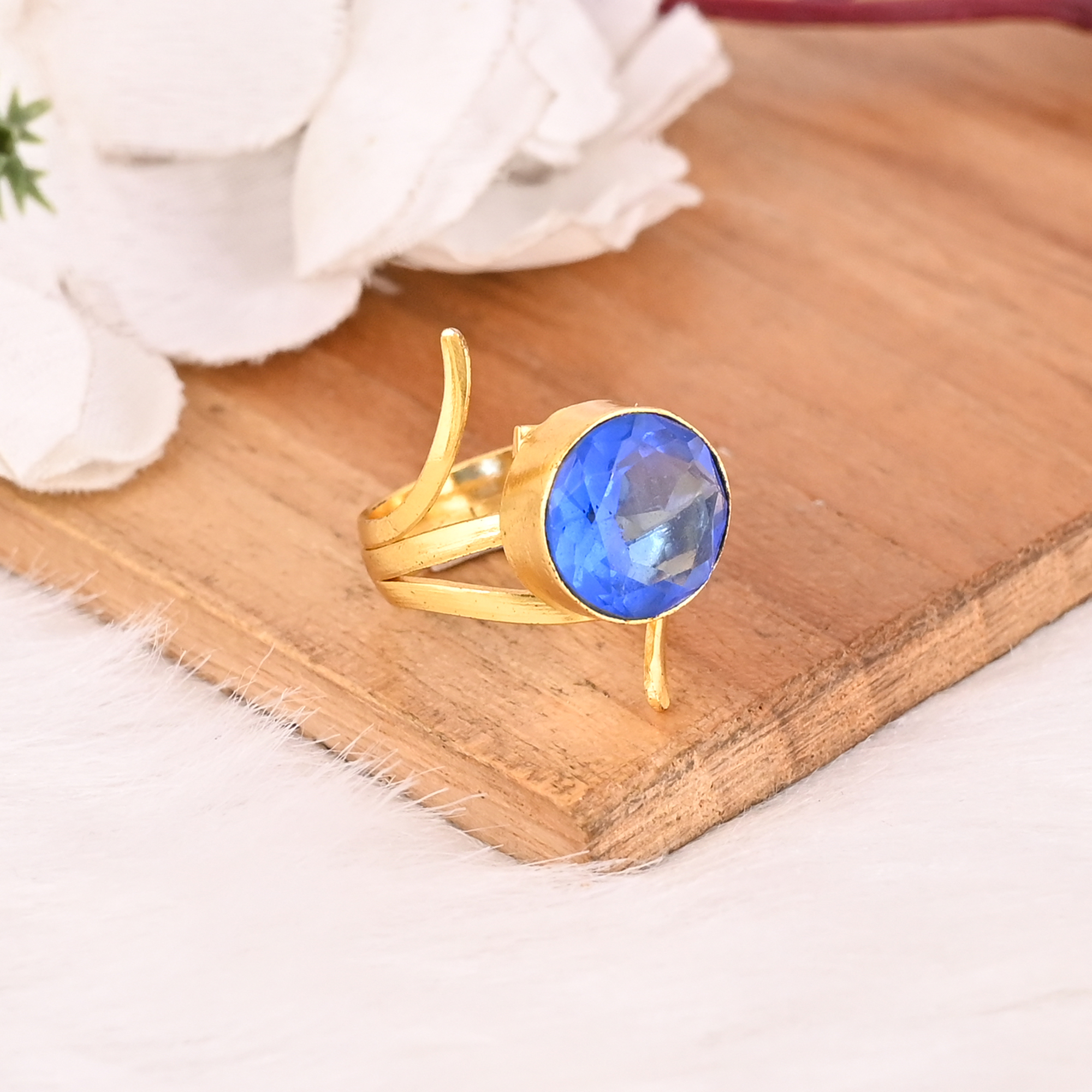 Blue Hydro Gemstone Fashion Ring for Women Gold Plated Stylish Round Shape Accessory