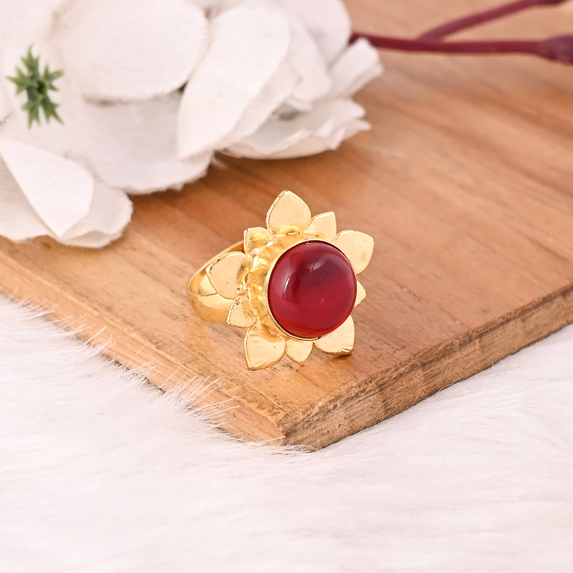 Elegant Garnet Hydro Stone Gold Plated Brass Gemstone Ring Designer Jewelry for Women