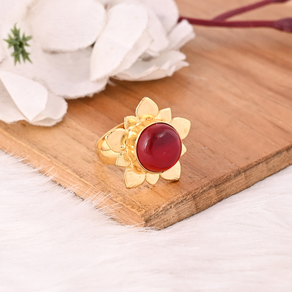 Image of Elegant Garnet Hydro Stone Gold Plated Brass Round Gemstone Ring Stylish Designer Jewelry for Women