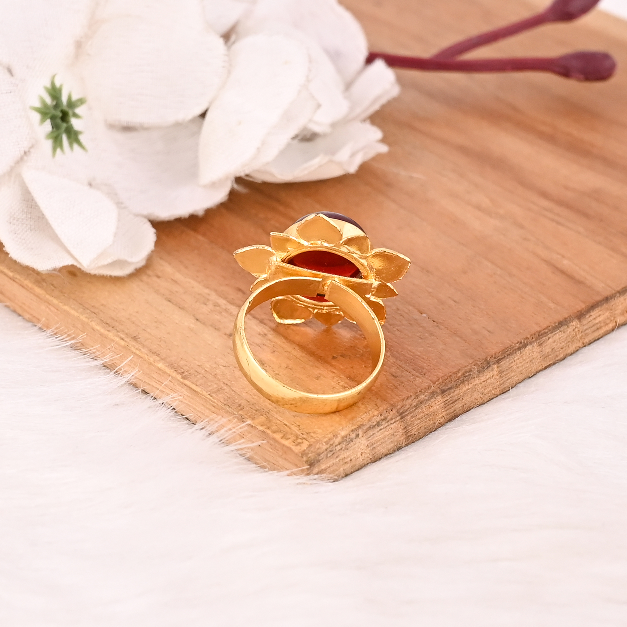 Elegant Garnet Hydro Stone Gold Plated Brass Gemstone Ring Designer Jewelry for Women