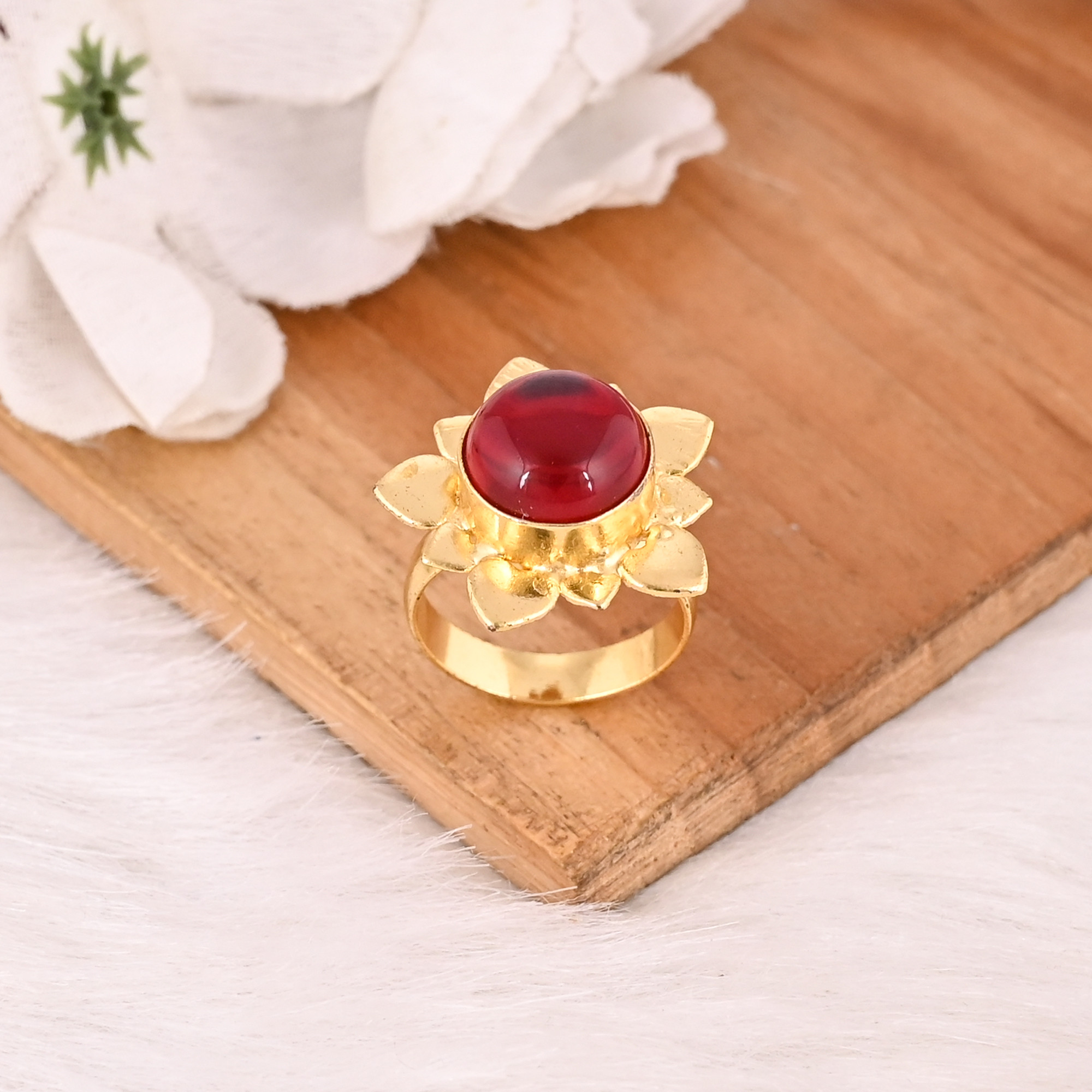 Elegant Garnet Hydro Stone Gold Plated Brass Gemstone Ring Designer Jewelry for Women