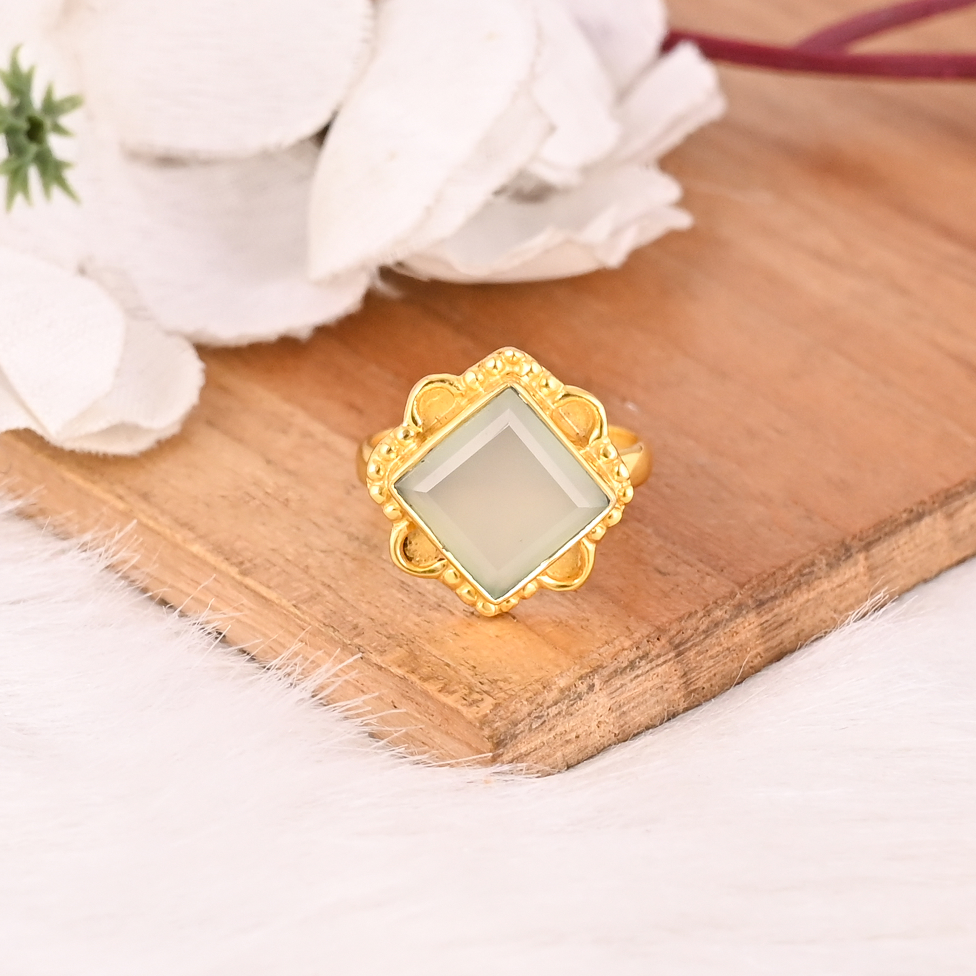 Trendy Aqua Chalcedony Brass Ring for Women Gold Plated Gemstone Wedding Engagement Fashion Jewelry