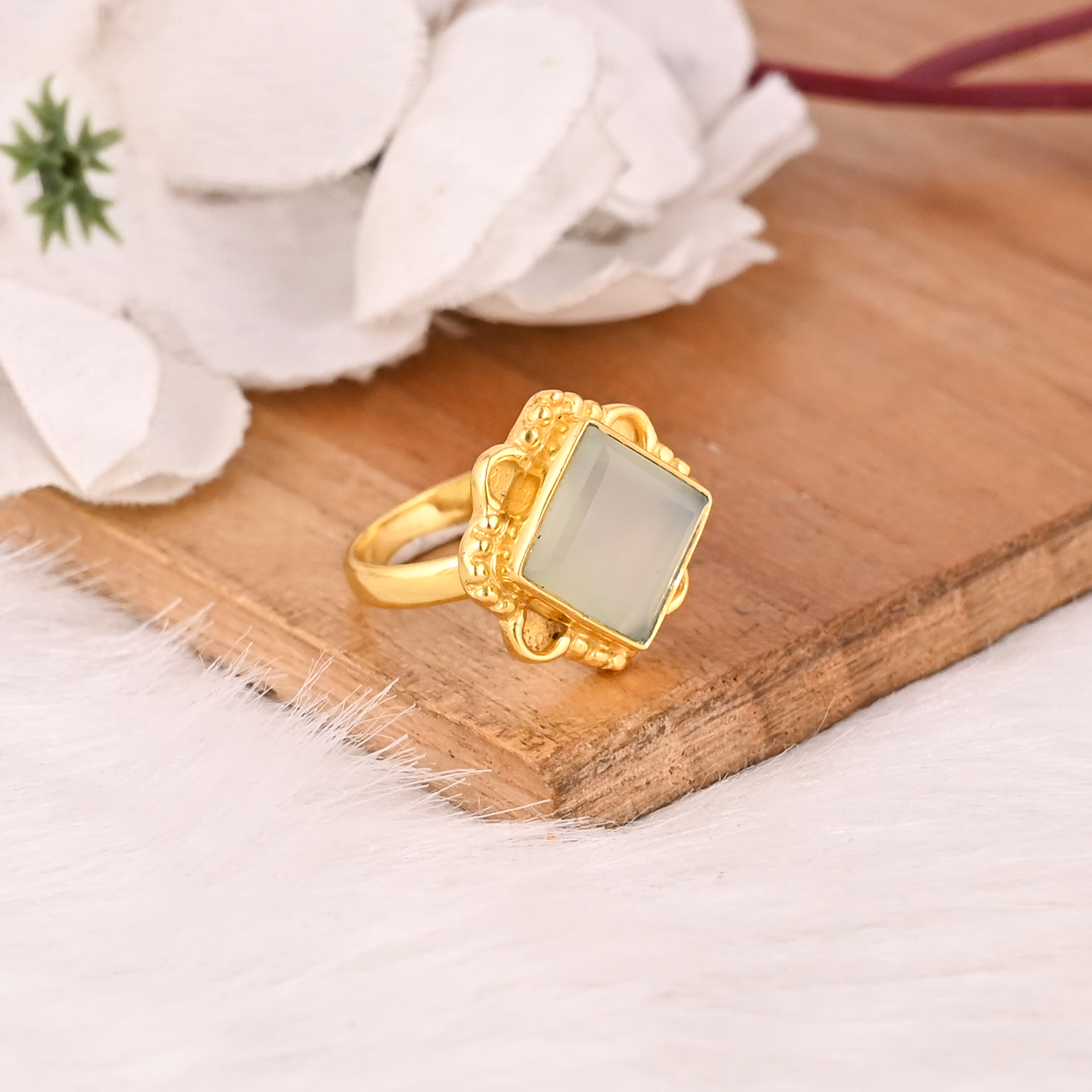 Trendy Aqua Chalcedony Brass Ring for Women Gold Plated Gemstone Wedding Engagement Fashion Jewelry