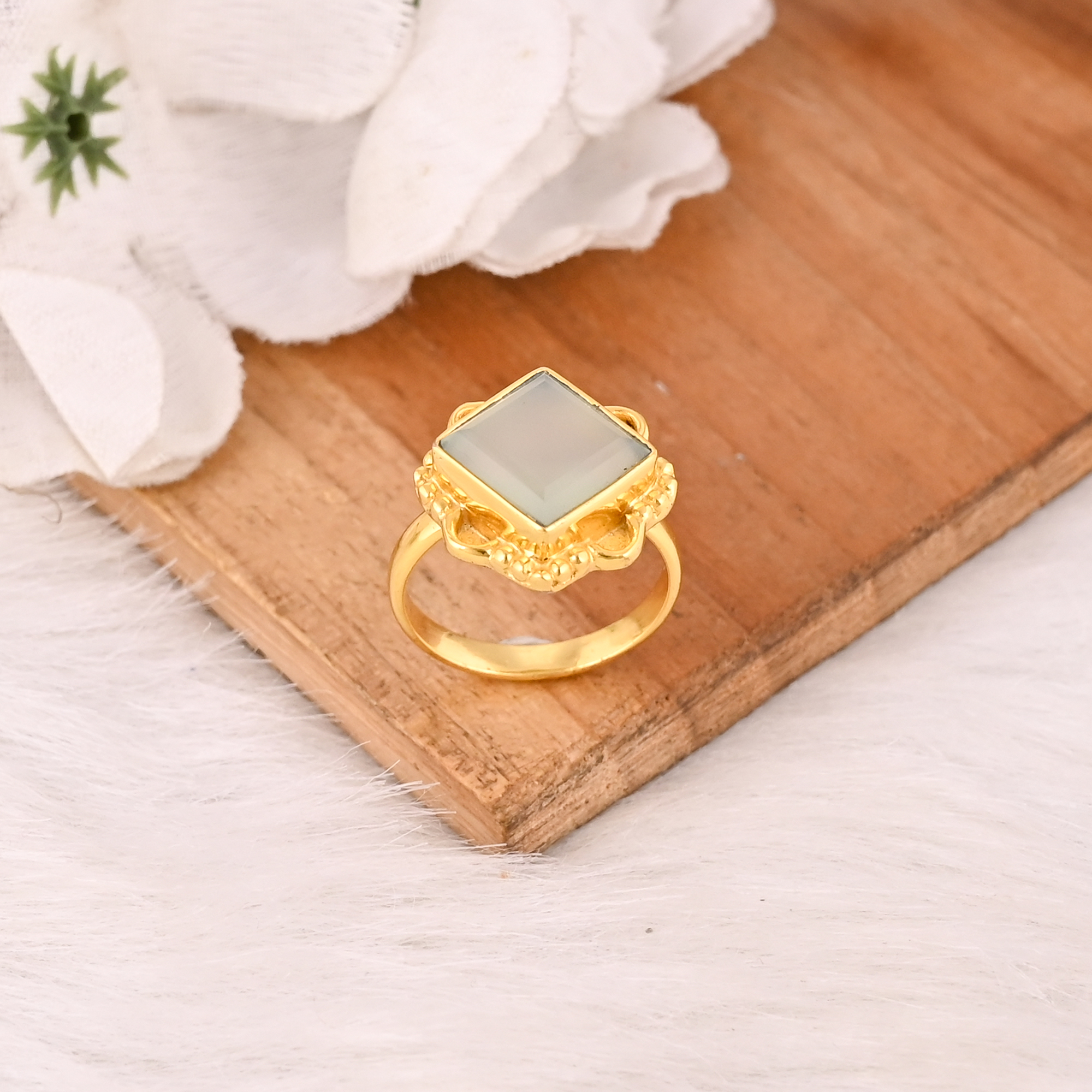 Trendy Aqua Chalcedony Brass Ring for Women Gold Plated Gemstone Wedding Engagement Fashion Jewelry