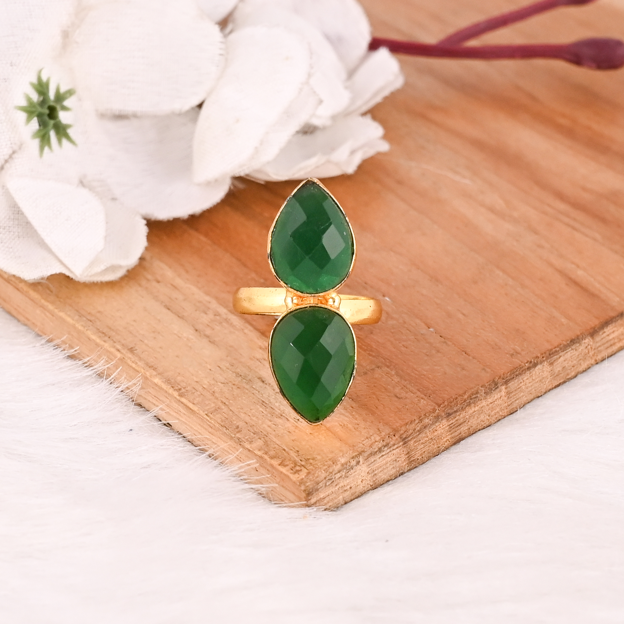 Stylish Emerald Hydro Gemstone Brass Ring Gold Plated Handmade Fashion Jewelry for Women