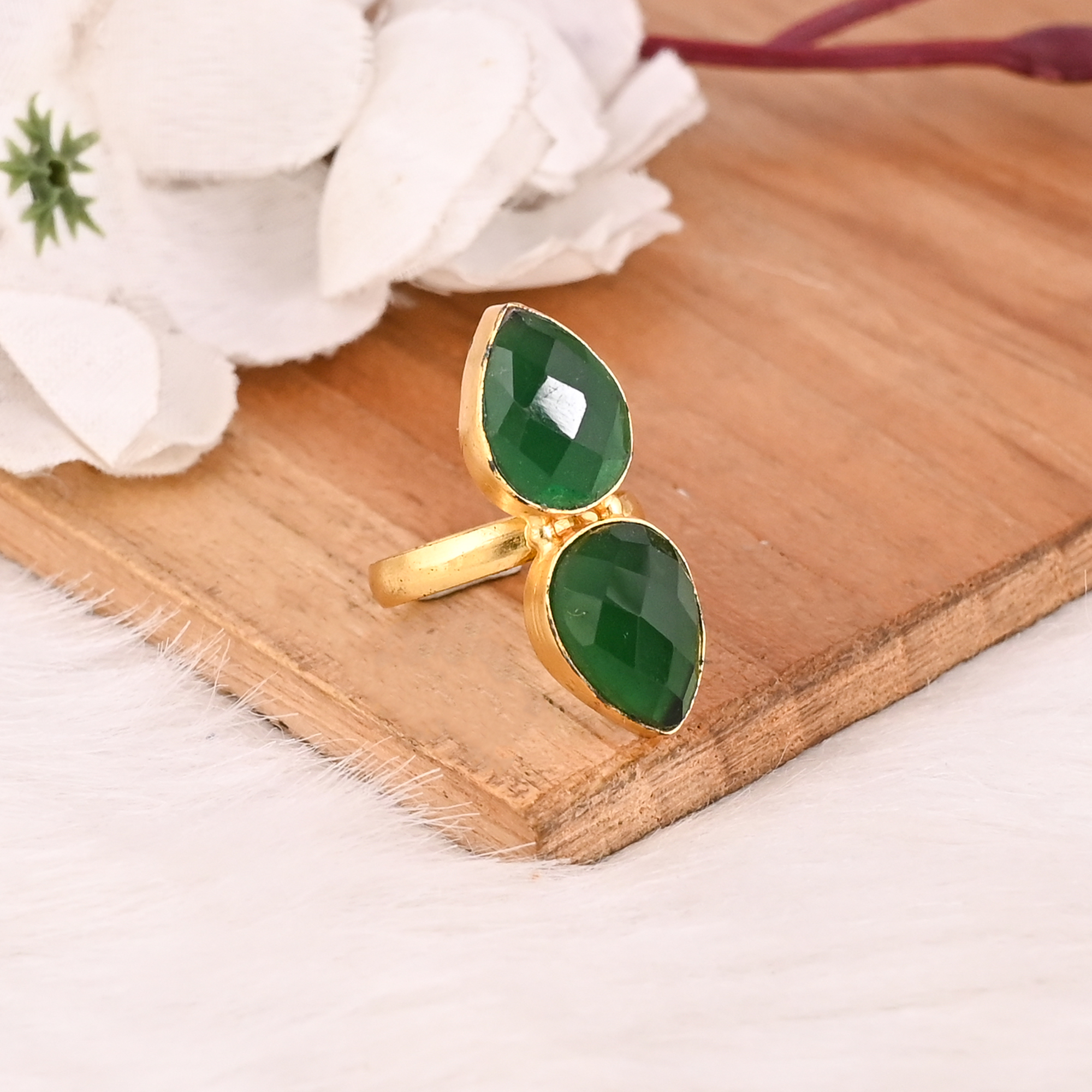 Stylish Emerald Hydro Gemstone Brass Ring Gold Plated Handmade Fashion Jewelry for Women