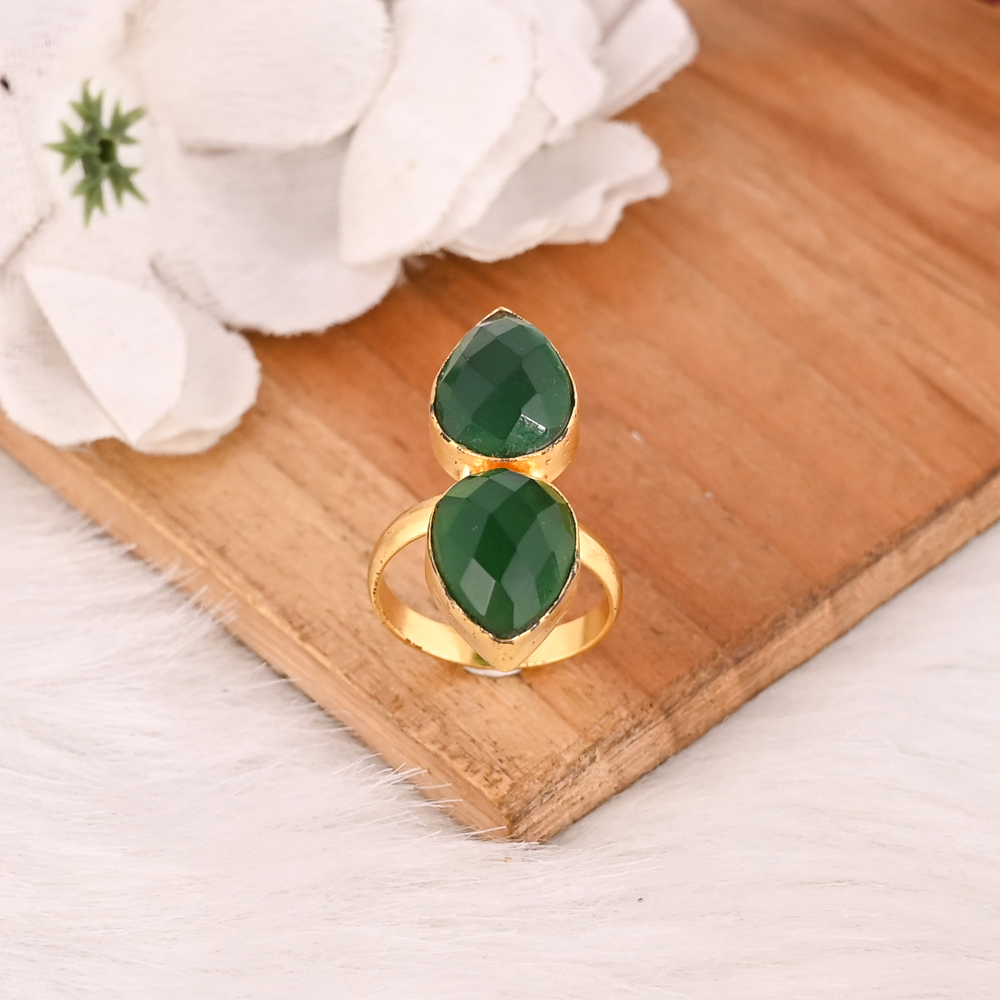 Stylish Emerald Hydro Gemstone Brass Ring Gold Plated Handmade Fashion Jewelry for Women