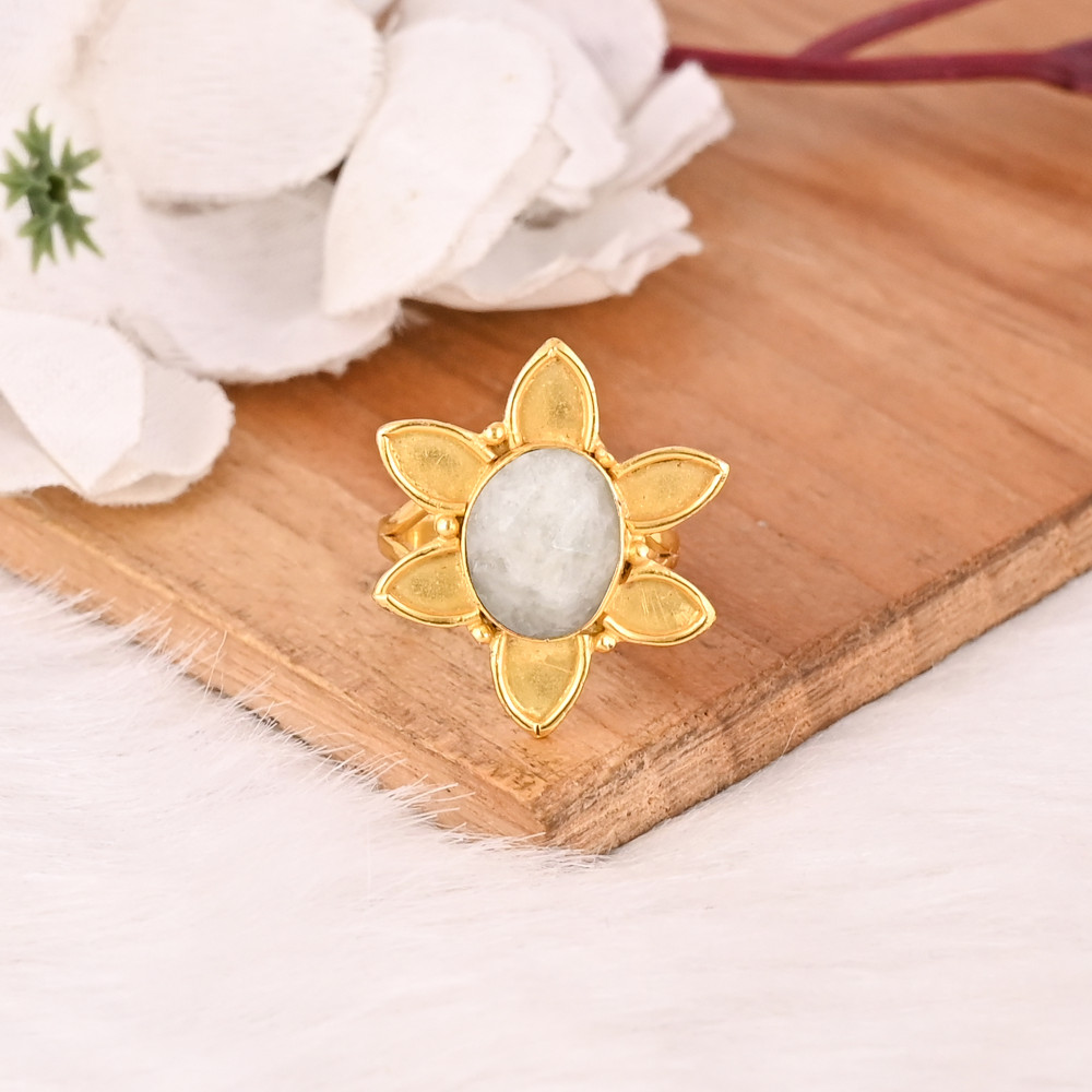 Image of Natural Moonstone Flower Gold Plated Brass Ring Handmade Adjustable Stylish Gemstone Jewelry for Women