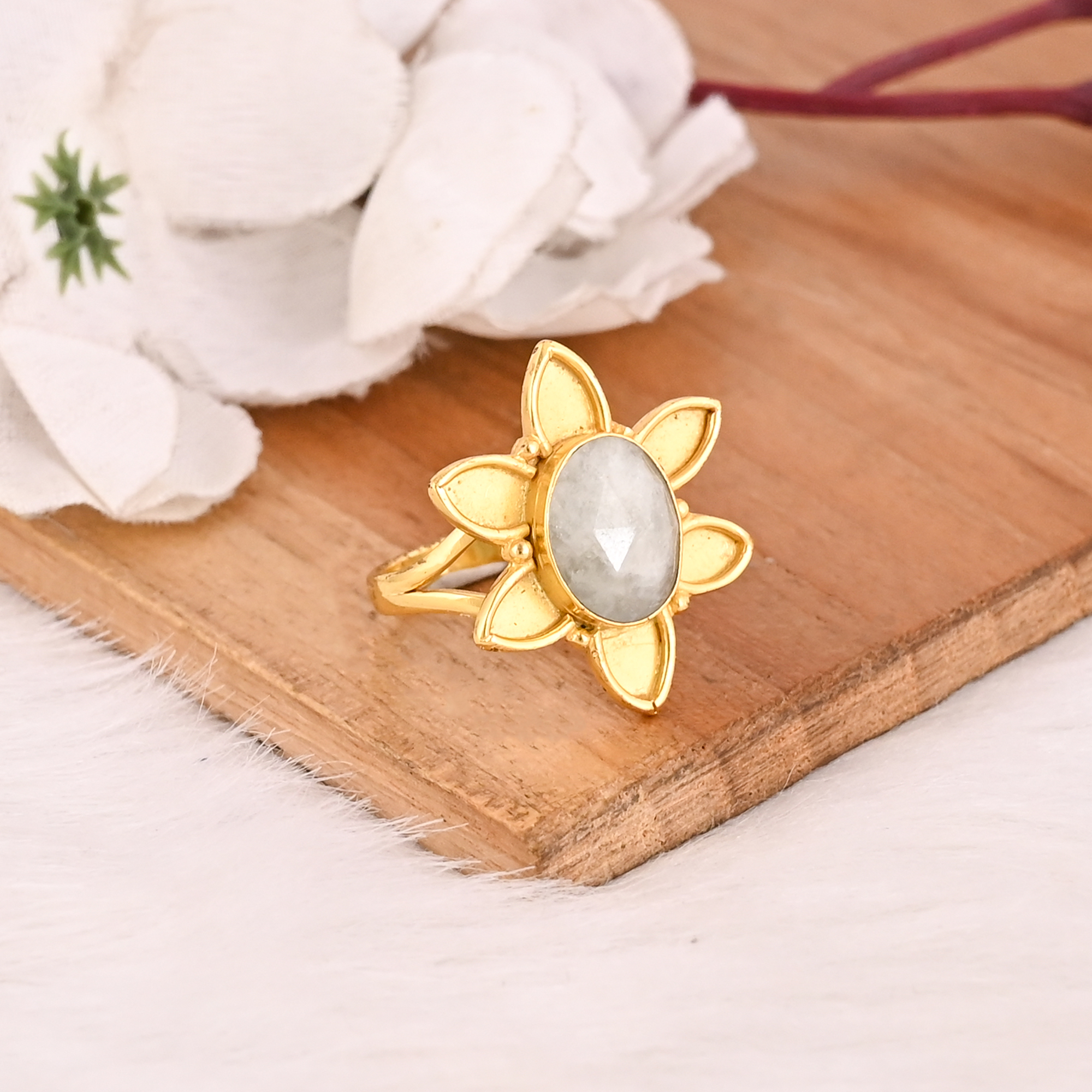 Natural Moonstone Flower Gold Plated Brass Ring Handmade Adjustable Stylish Gemstone Jewelry for Women