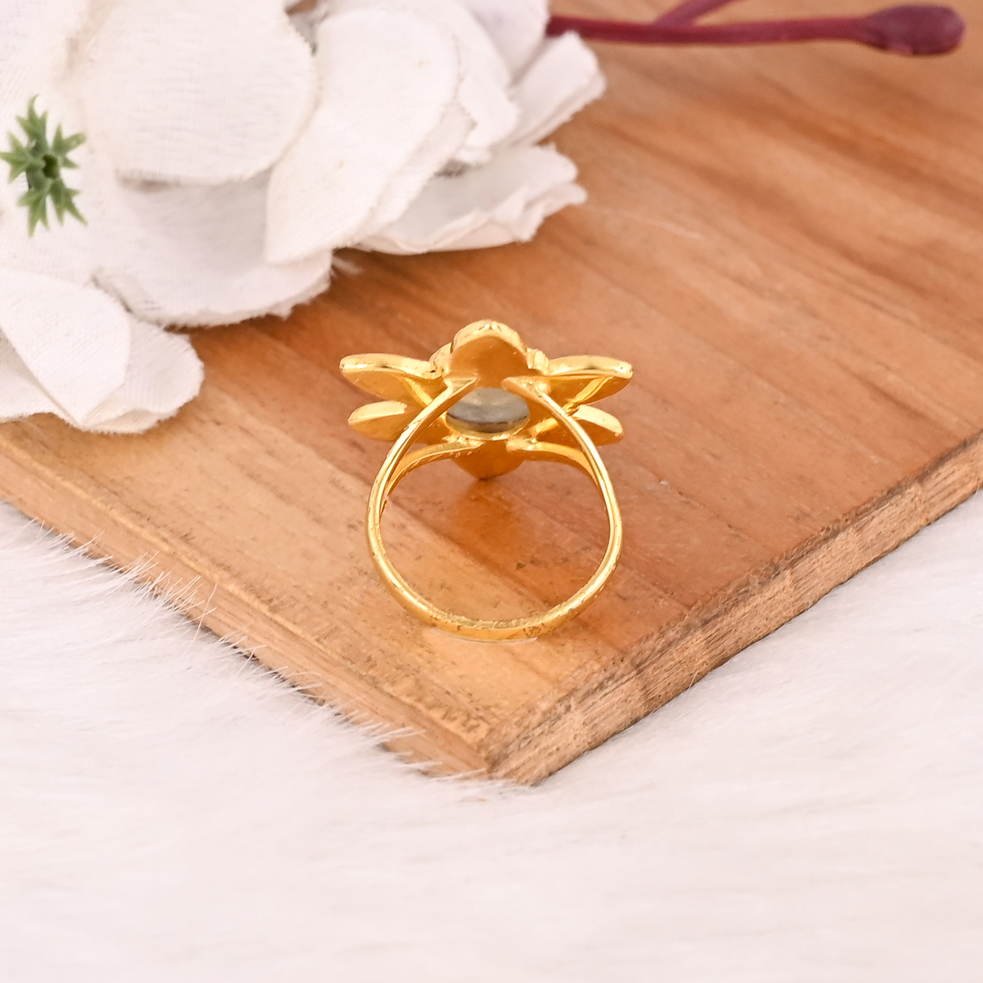 Natural Moonstone Flower Gold Plated Brass Ring Handmade Adjustable Stylish Gemstone Jewelry for Women