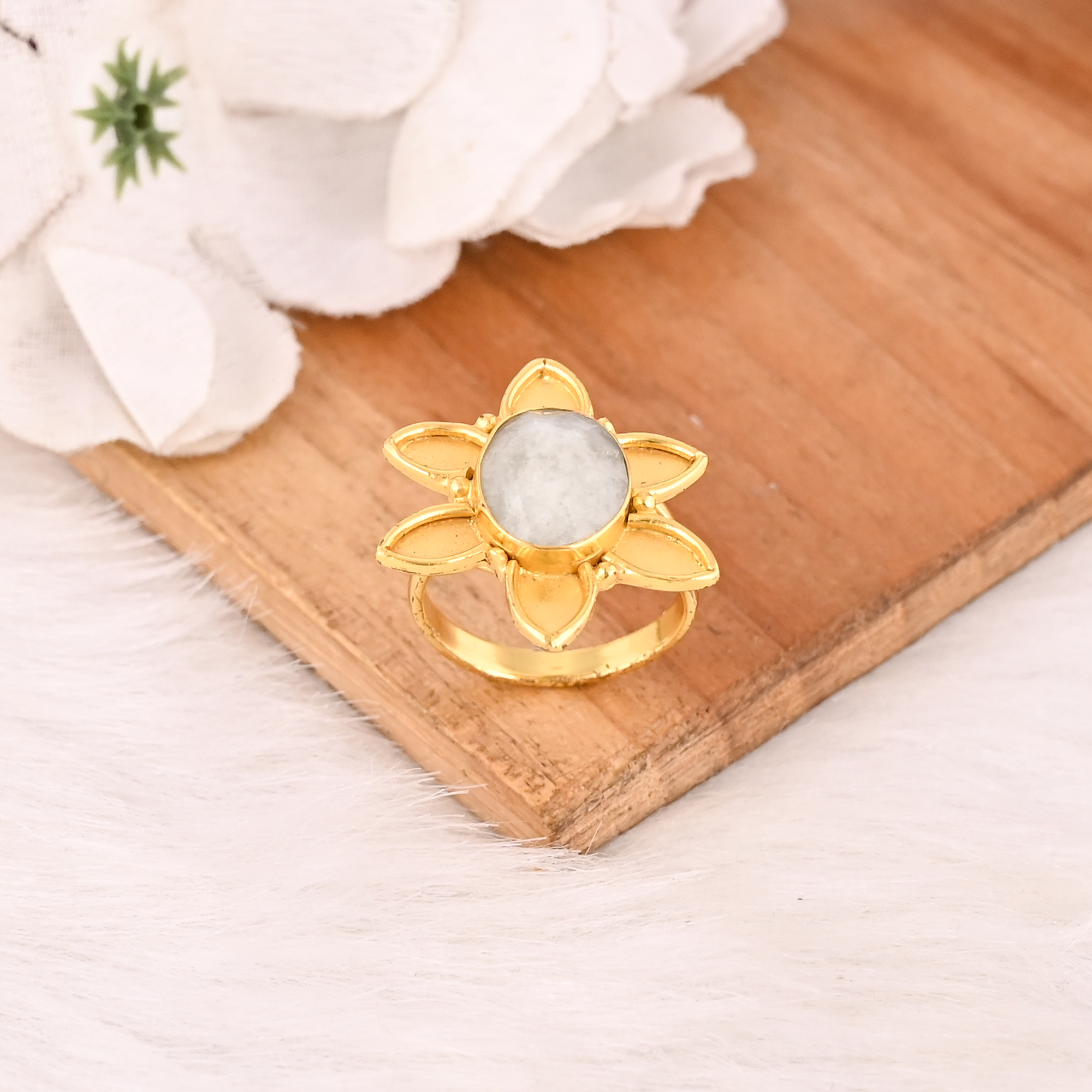 Natural Moonstone Flower Gold Plated Brass Ring Handmade Adjustable Stylish Gemstone Jewelry for Women