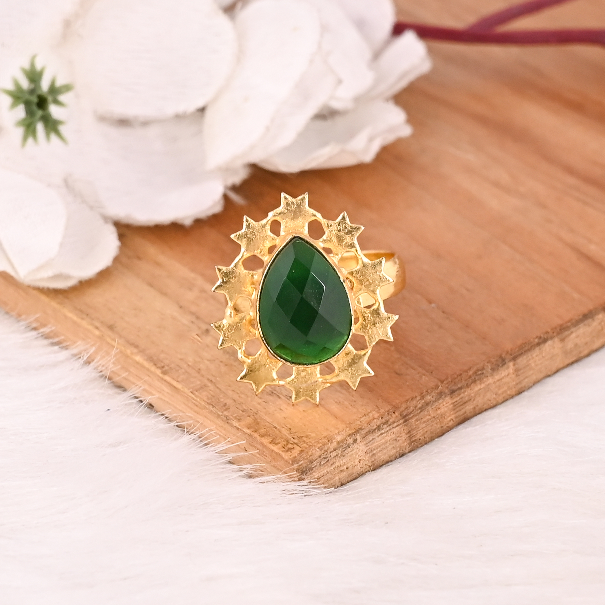Stylish Adjustable Green Hydro Brass Handmade Gemstone Ring for Women