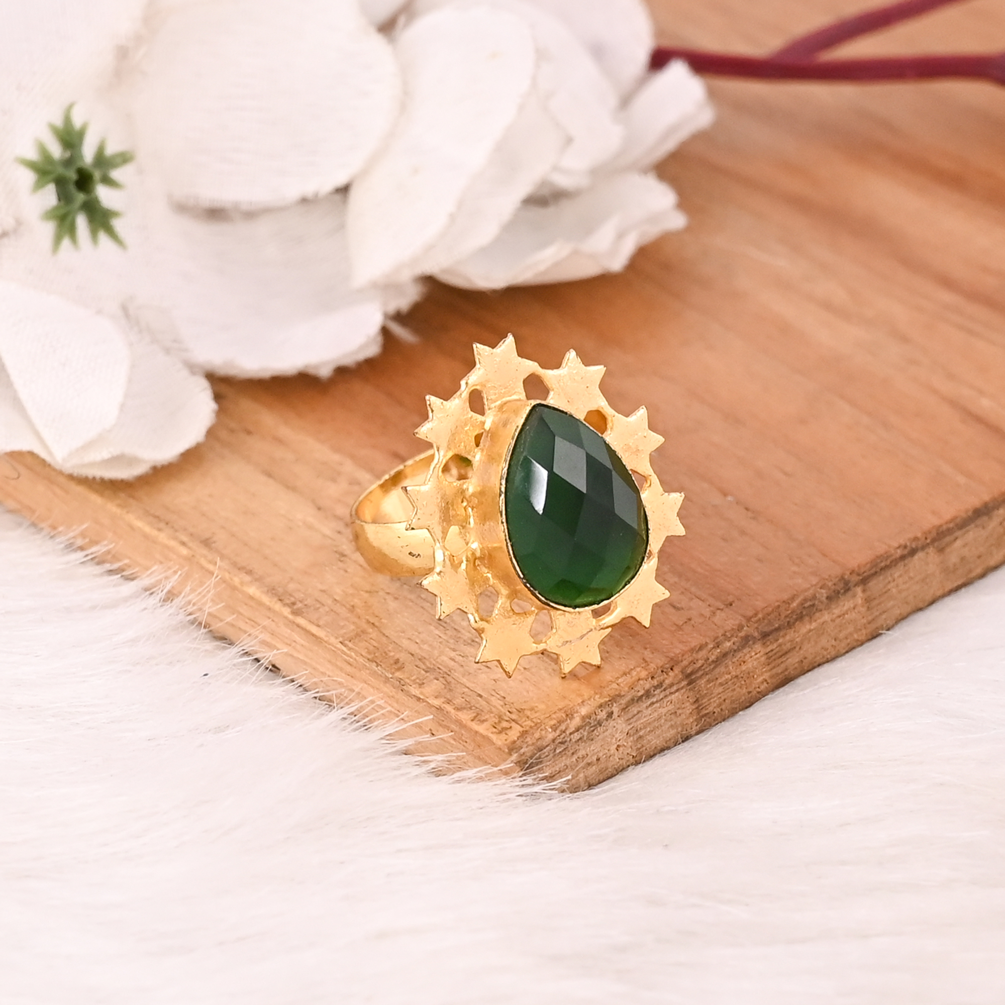 Stylish Adjustable Green Hydro Brass Handmade Gemstone Ring for Women