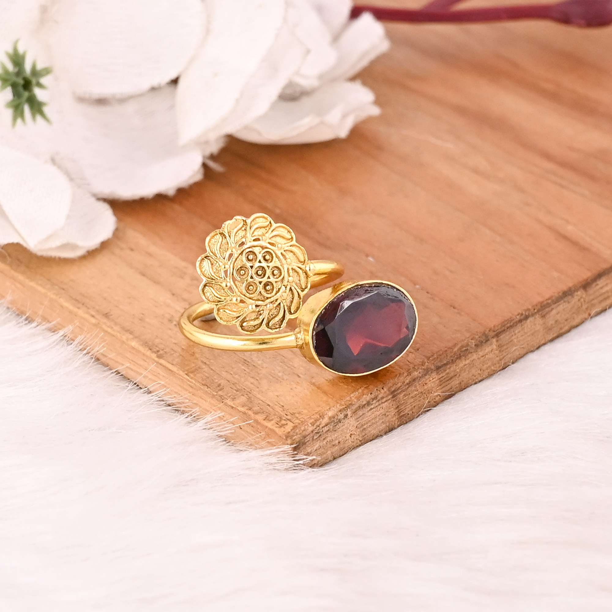 Adjustable Garnet Hydro Gemstone Gold Plated Brass Ring Handmade Stylish Jewelry for women