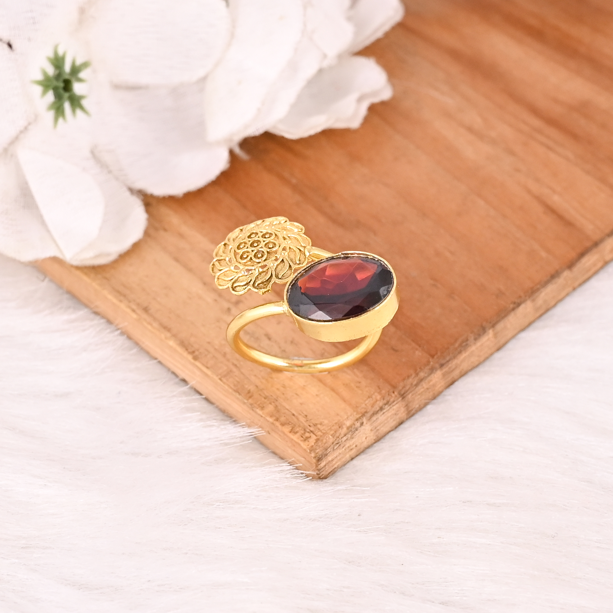 Adjustable Garnet Hydro Gemstone Gold Plated Brass Ring Handmade Stylish Jewelry for women