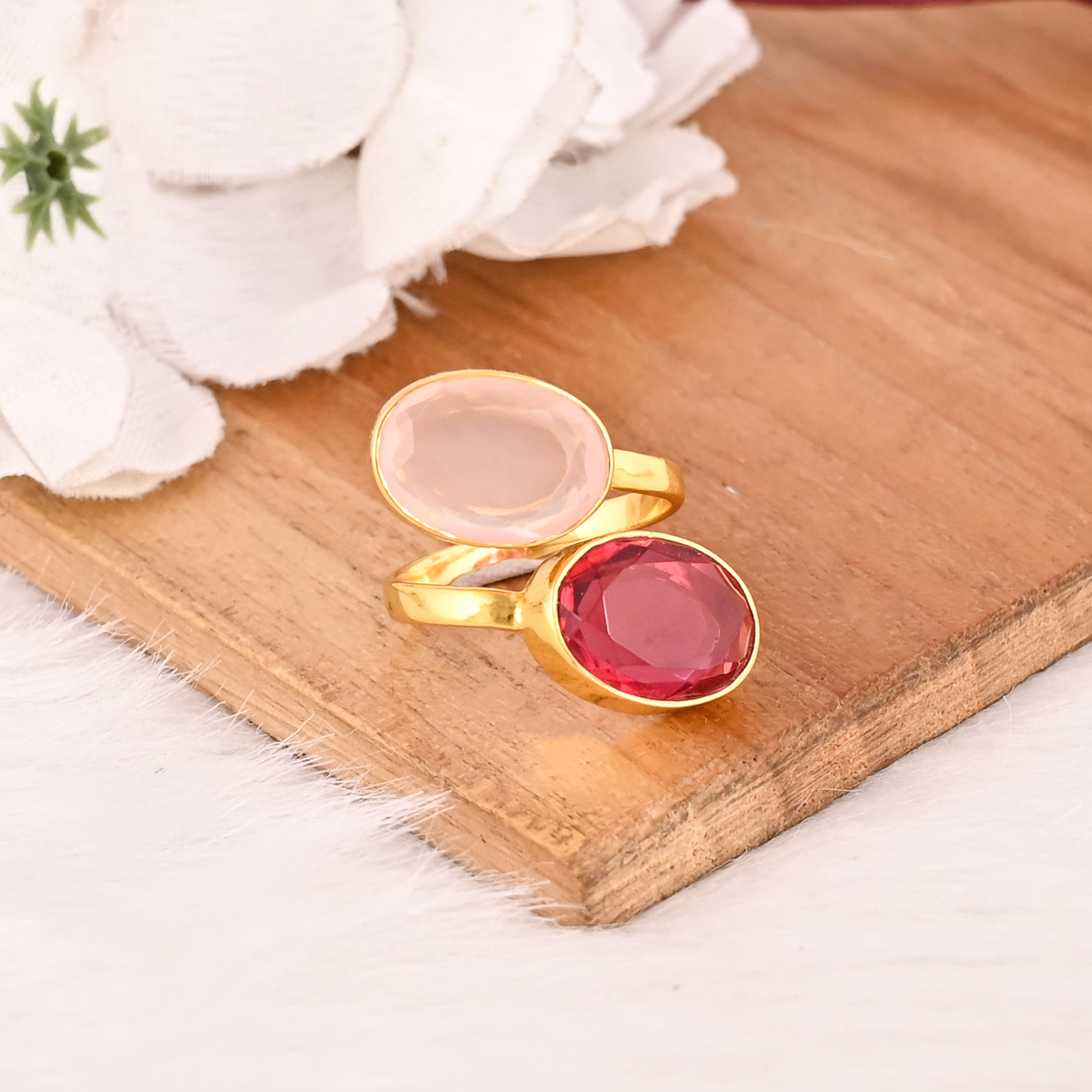 Handmade Rose Chalcedony Hydro  Pink Tourmaline Hydro Gemstone Ring Stylish Brass Jewelry for Women