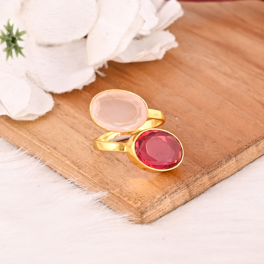 Image of Handmade Rose Chalcedony Hydro &amp; Pink Tourmaline Hydro Gemstone Ring Stylish Brass Jewelry for Women