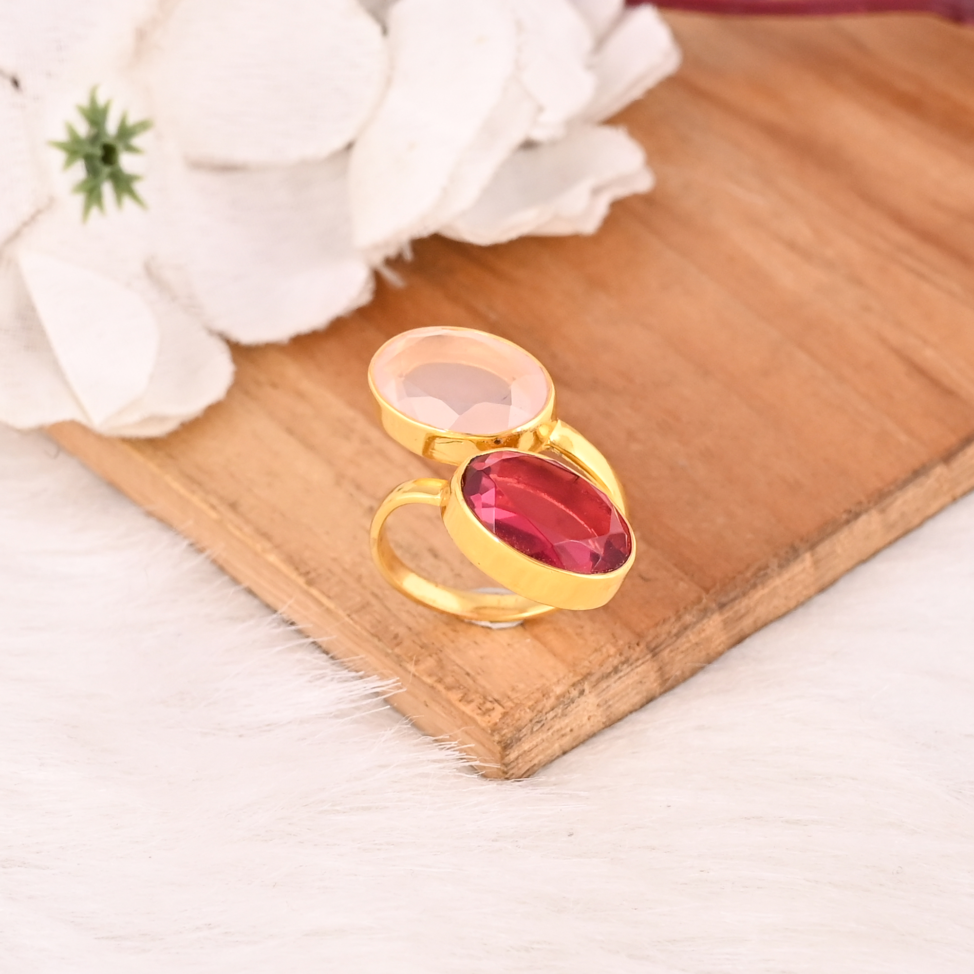 Handmade Rose Chalcedony Hydro  Pink Tourmaline Hydro Gemstone Ring Stylish Brass Jewelry for Women
