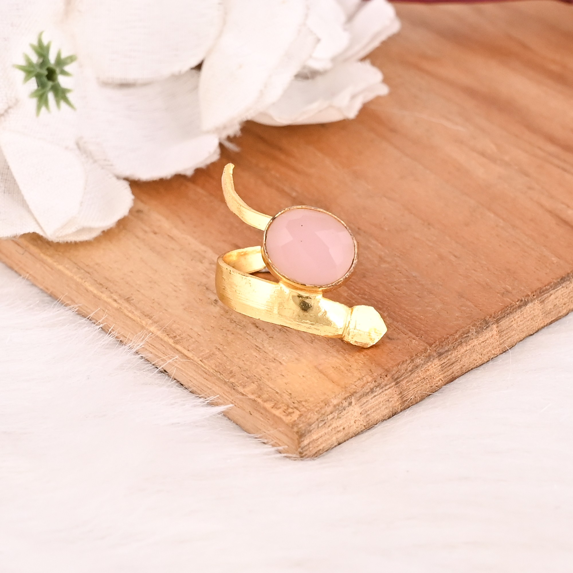 Handmade Rose Chalcedony Gemstone Brass Ring Stylish Brass Jewelry for Women